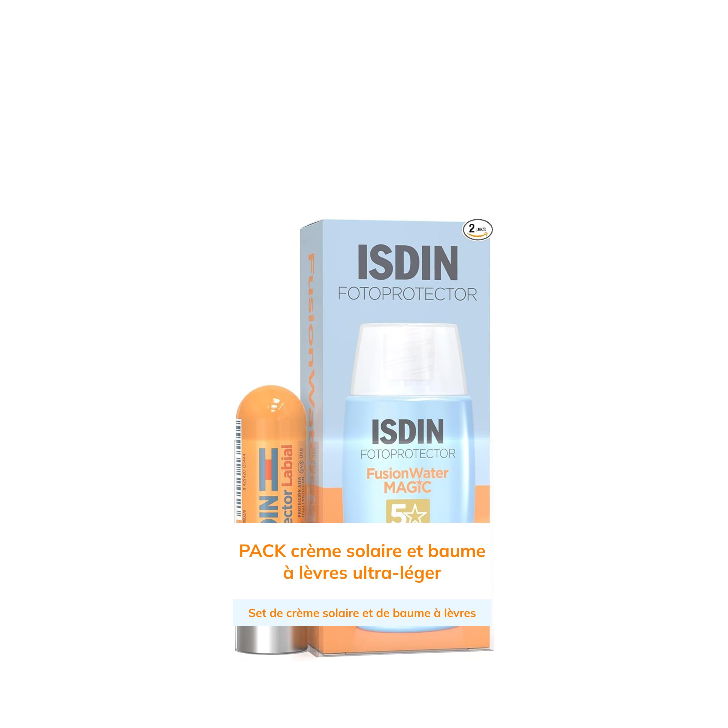 ISDIN Pack Fusion Water MAGIC Crème Solaire Visage SPF 50 (50 ml) + Stick Protection Lèvres SPF 30 (4 g)