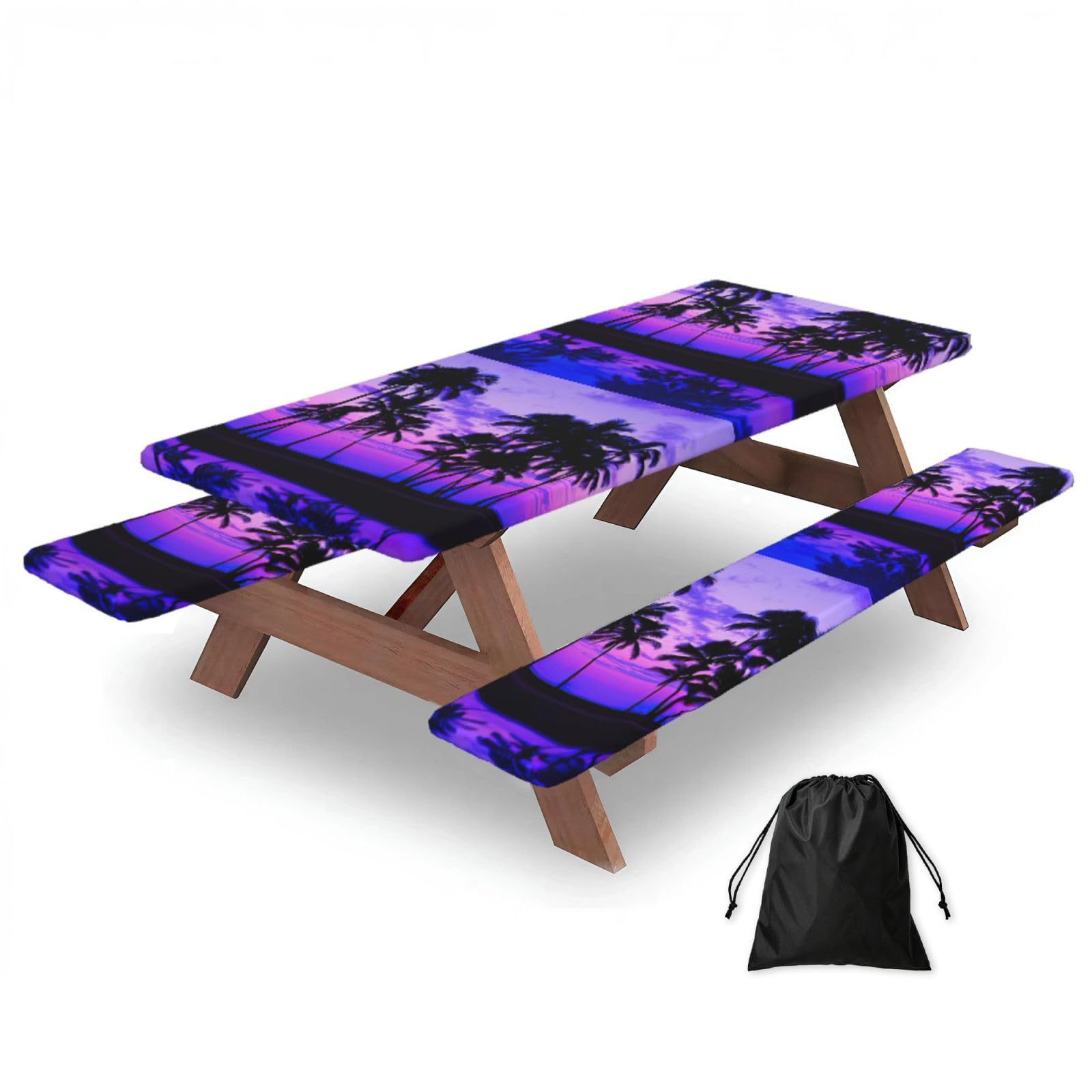 Yqxwjl Black Palm Tree Purple Sunset Print Camping Essentials Waterproof Camping Table And Bench Cover With Drawstring Bag 183 Cm