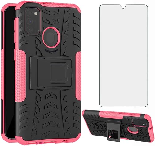 Asuwish Funda de teléfono para Samsung Galaxy M30s M21 con protector de pantalla de vidrio templado y soporte delgado, funda protectora híbrida