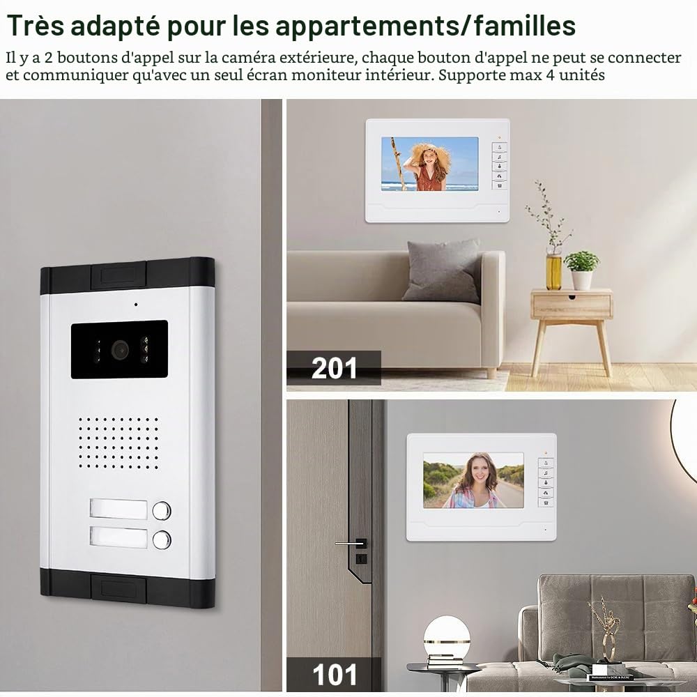 Interphone vidéo à deux voies avec écran de 7 pouces pour le système de sécurité à la maison