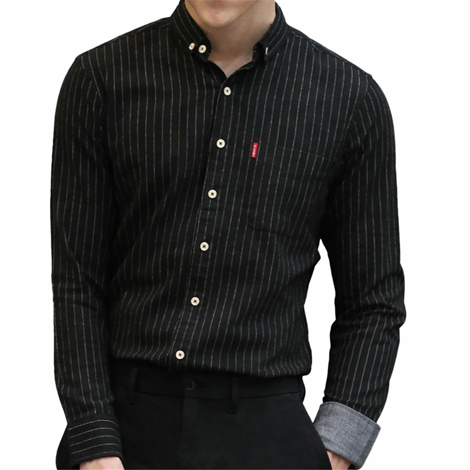 Camicia da uomo foderata in pile, con bottoni, verticale, a righe, business, tempo libero, con tasca, calda camicia invernale