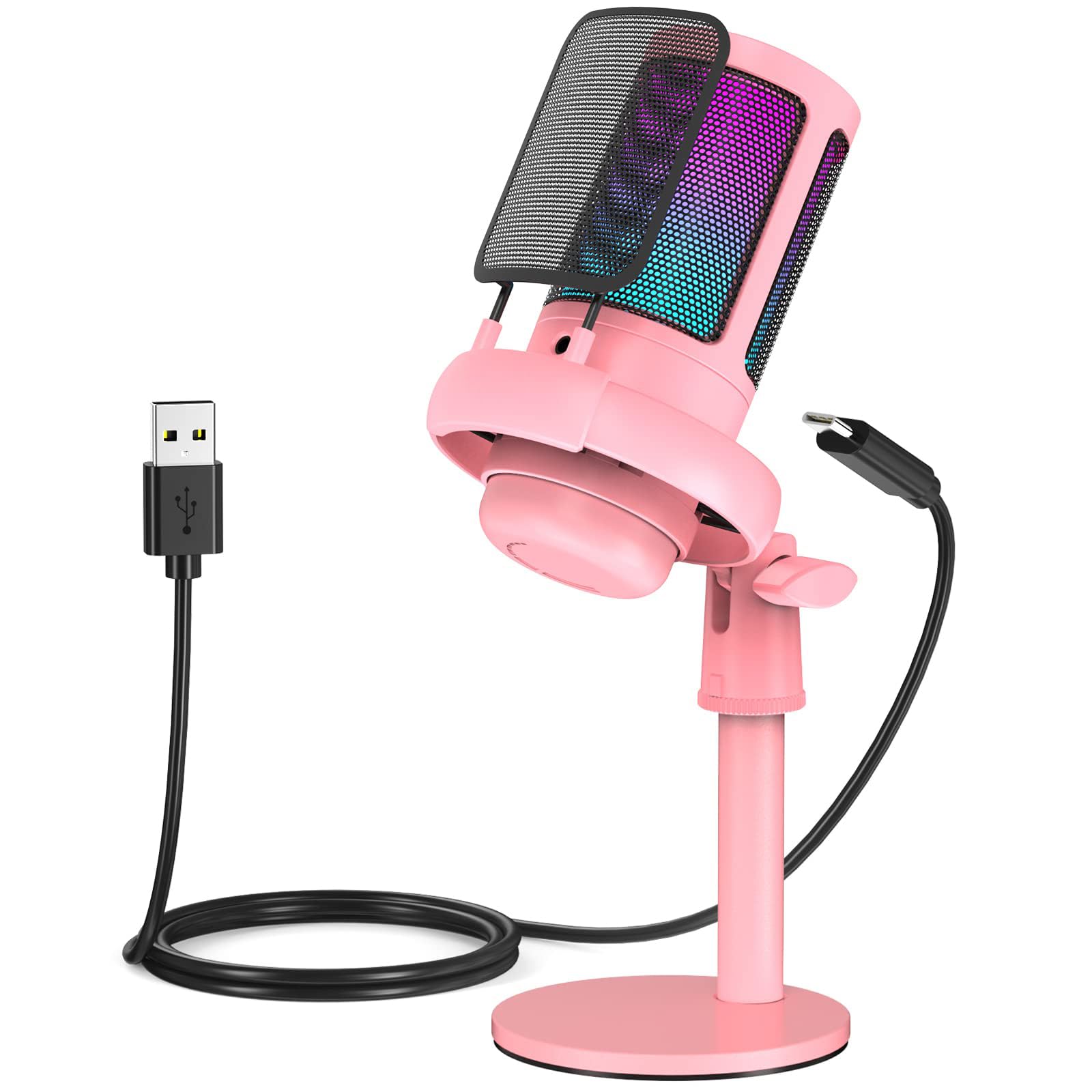 XVersion RGB Gaming Mic for PC/PS5, Gaming Microphone with Quick Mute & Volume Control, Podcast Microphone Gaming for Streaming Twitch/Discord/Youtube, Condenser Microphone with Pop Filter - Pink