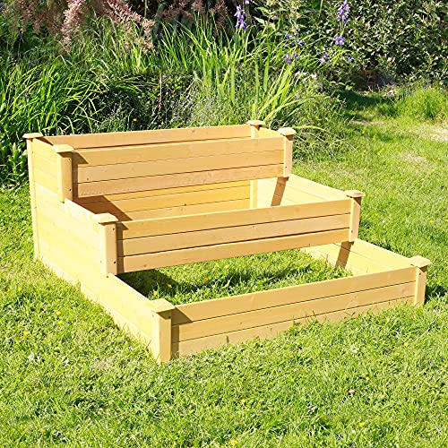 SKYLANTERN Carré Potager 3 Etages de Jardin - Bac Potager 123x123x55 CM en Bois Naturel - Carré Potager en Bois avec Cadre en Bois de Pin/Planche en Bois de Sapin