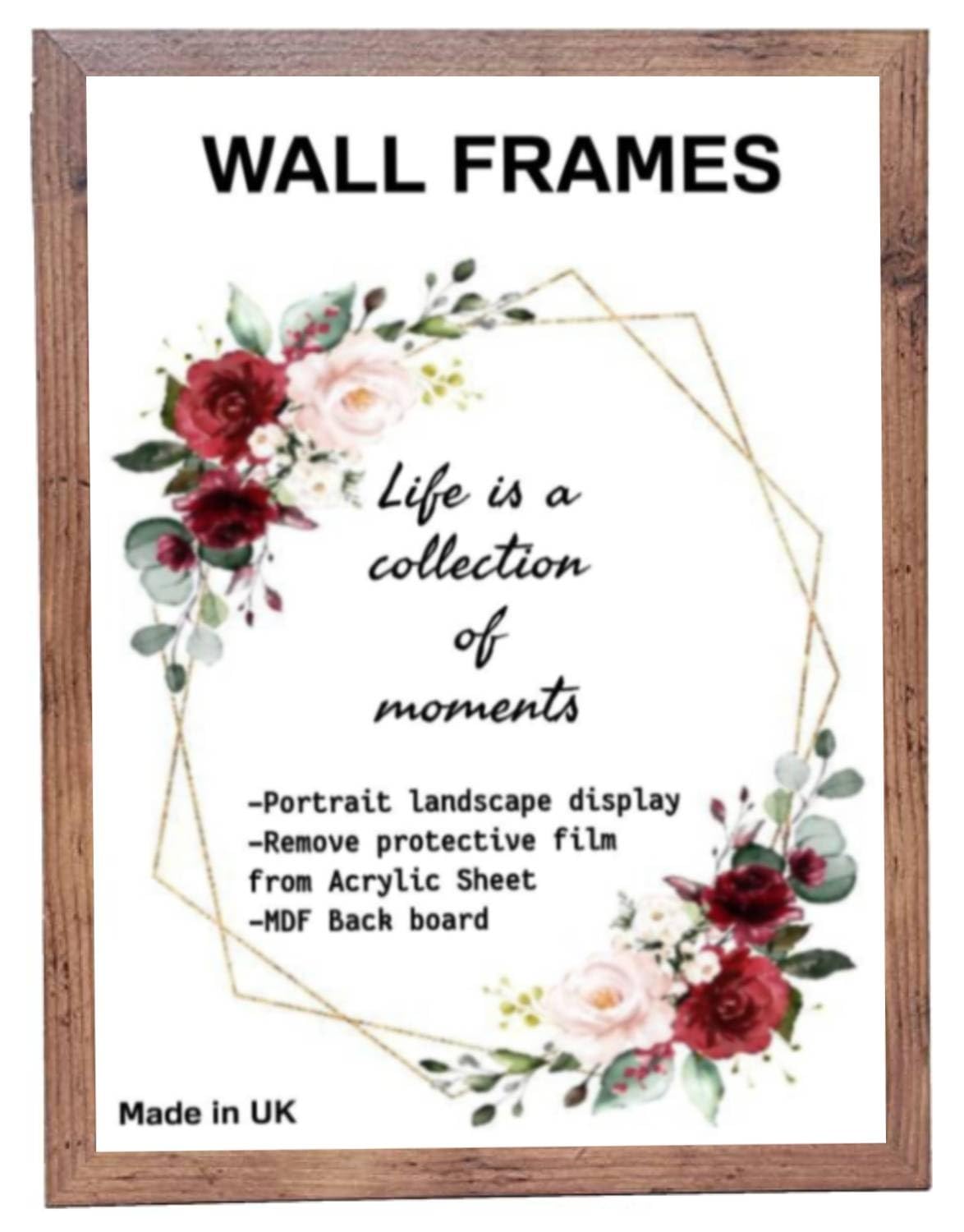 Home Plus Dealz Rustic Wall Photo Frame 60 x 60 cm For Display Poster Print Picture With HD Clear Aclyric Front 30x15mm Moulding Metal Hooks MDF Wood