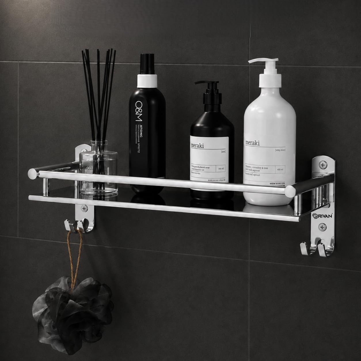 GRIVAN Stainless Steel Bathroom Rack Shelf with Dual Hooks | Rust Proof Washroom Storage Organizer Stand | Wall Mounted Bathroom Accessories Set (Silver Chrome, 1-Tier)