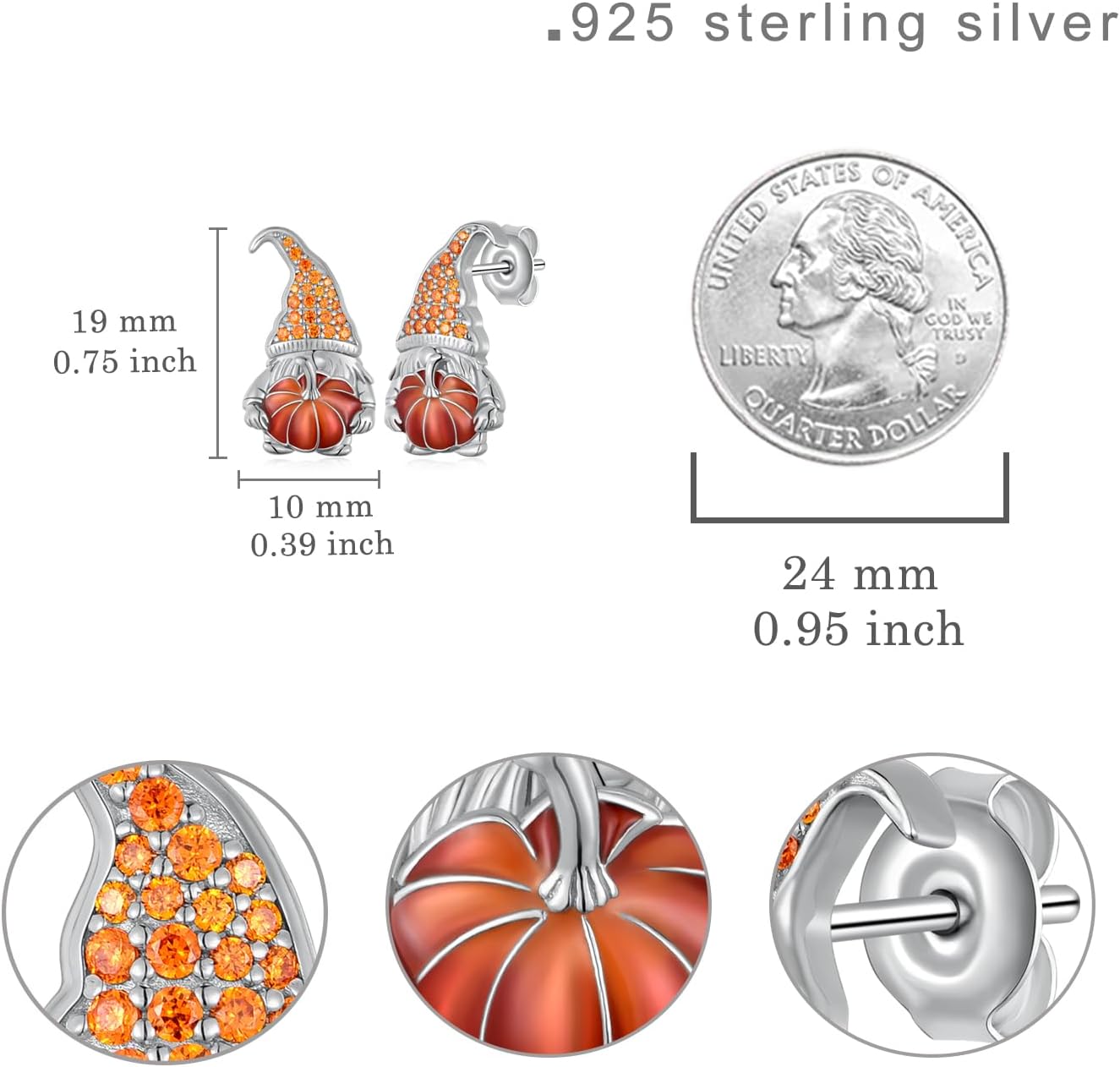Sterling Silver Thanksgiving Gnome Pumpkin Stud Earrings - Orange Fall Jewelry Gifts for Wife - Image 4