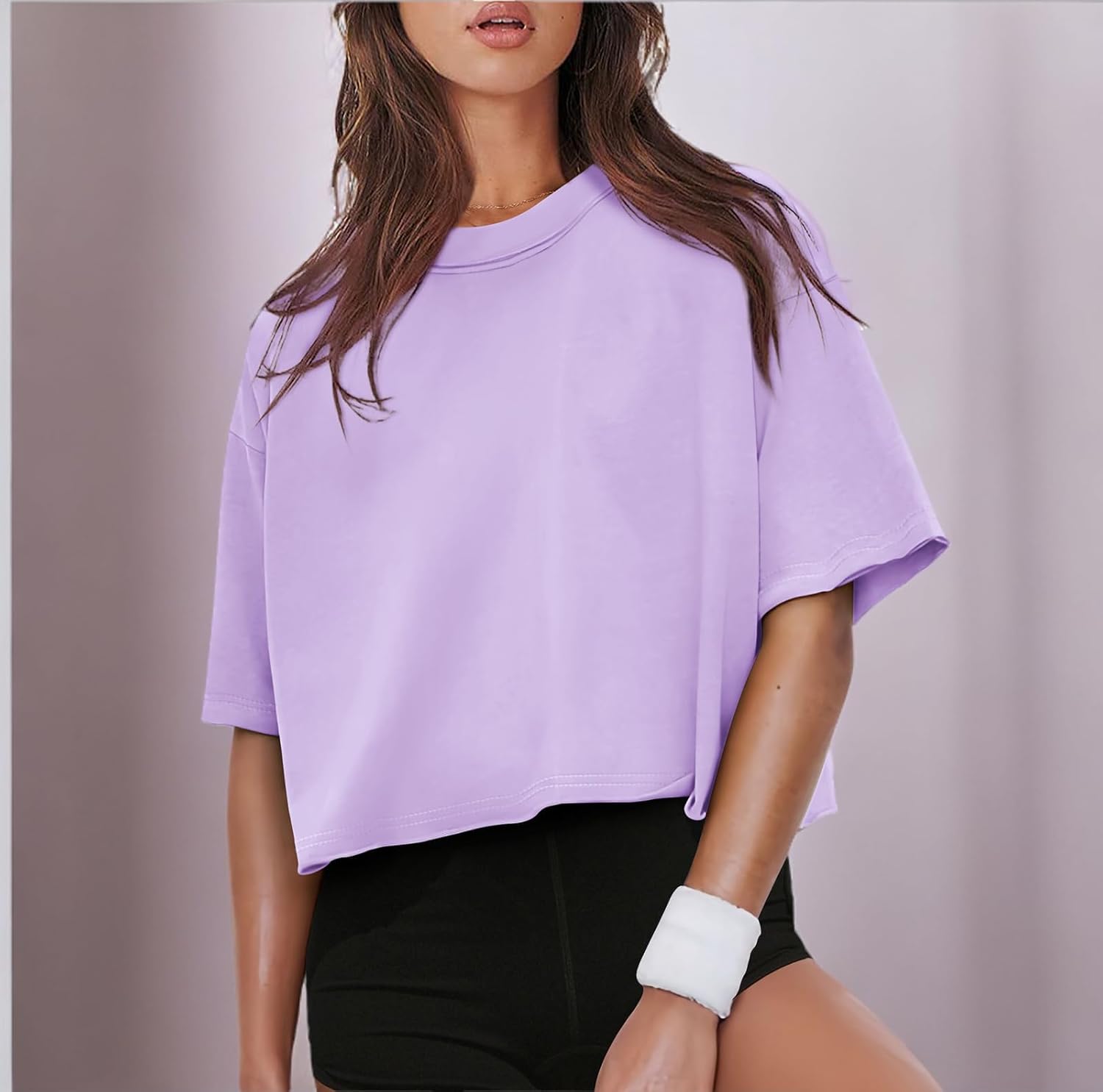 XIEERDUO Cotton Tshirts for Women Drop Shoulder Round Neck Oversized Crop Tops Workout Tops Tees - Image 4