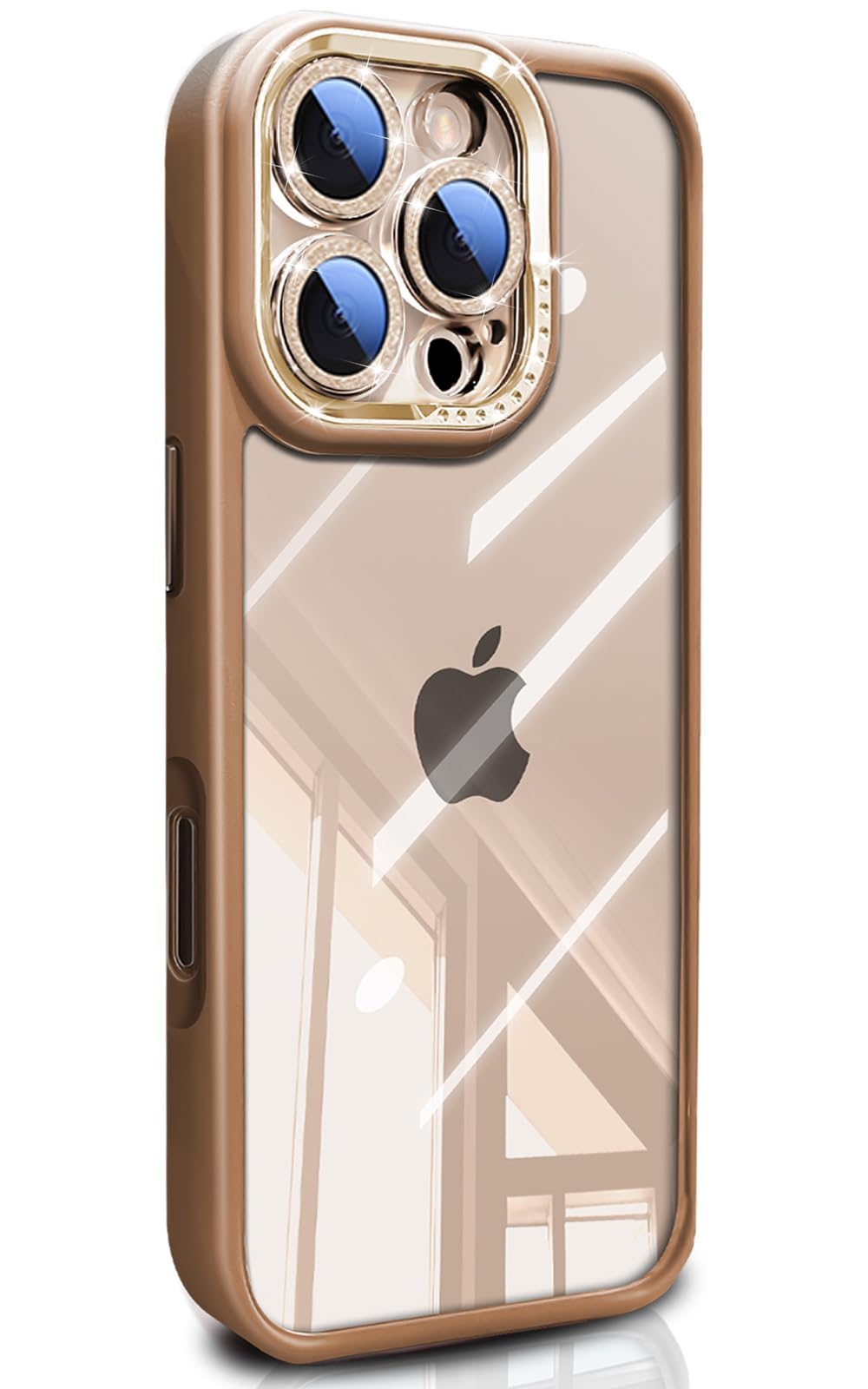 Damesine iPhone 16 Pro用ケース クリア背面超透明 シリコン耐衝撃 薄型 新型のキラキラなカメラカバー自由に取り外し可能 ガラスフィルムレンズ保護 かわいいスマホケース 黄変防止 指紋防止 防塵 オシャレなアイフォン16プロケース デザートゴールド