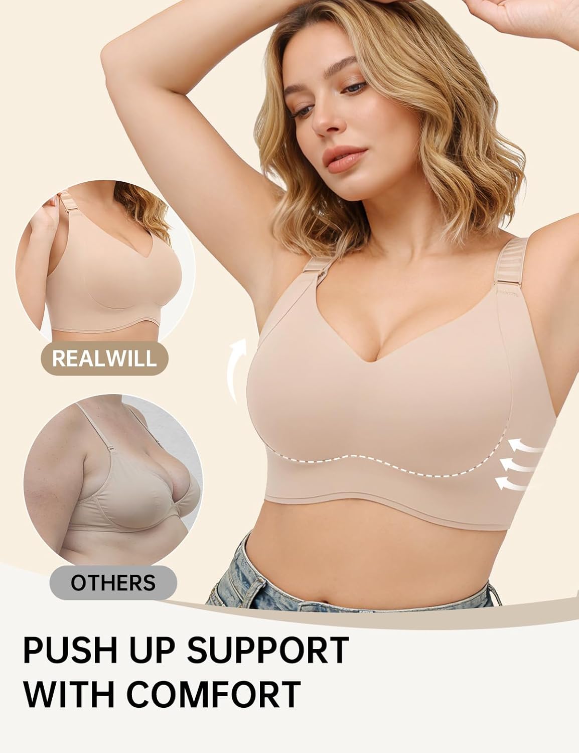 REALWILL Womens Wireless Jelly Bra No Underwire Seamless Push Up Supportive Full Coverage Soft Comfort Everyday T-Shirt Bra Nude XX-Large
