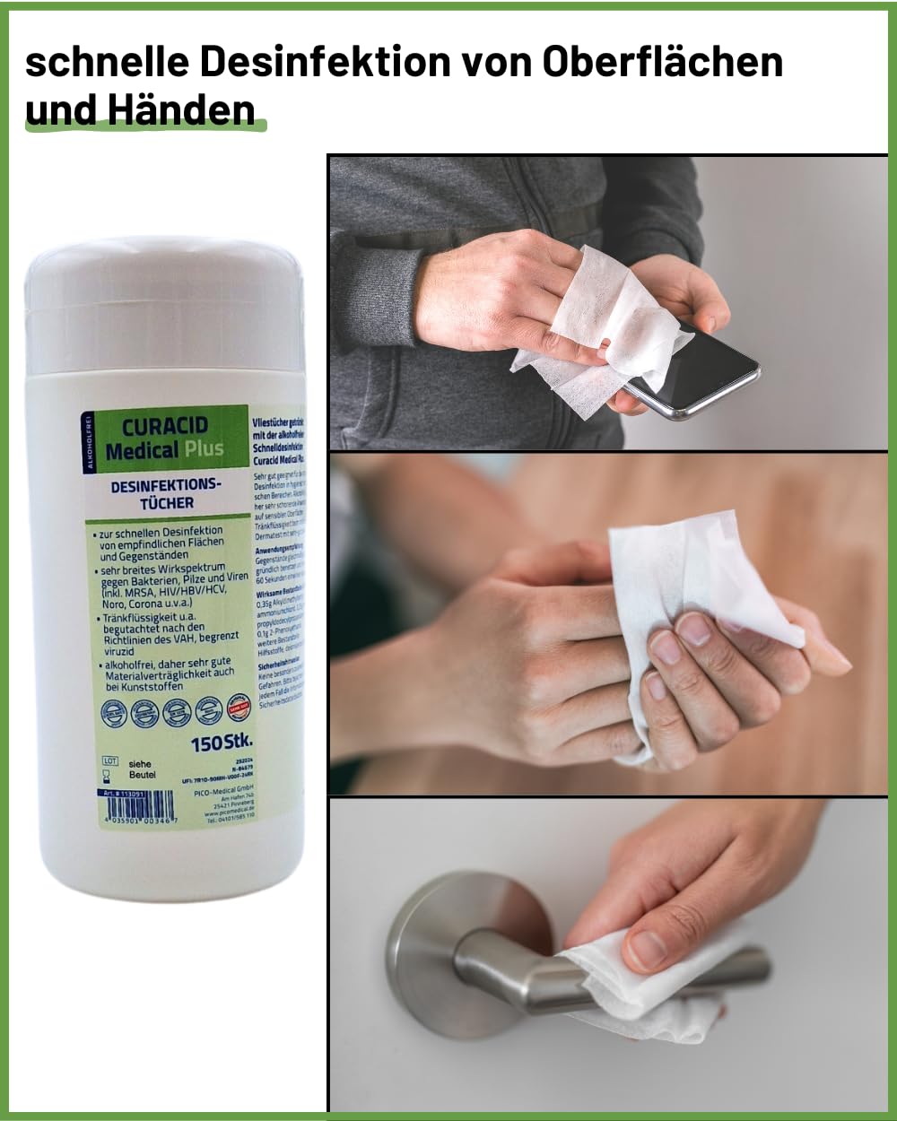 Medical Plus Lot de 150 lingettes désinfectantes sans alcool très résistantes et douces
