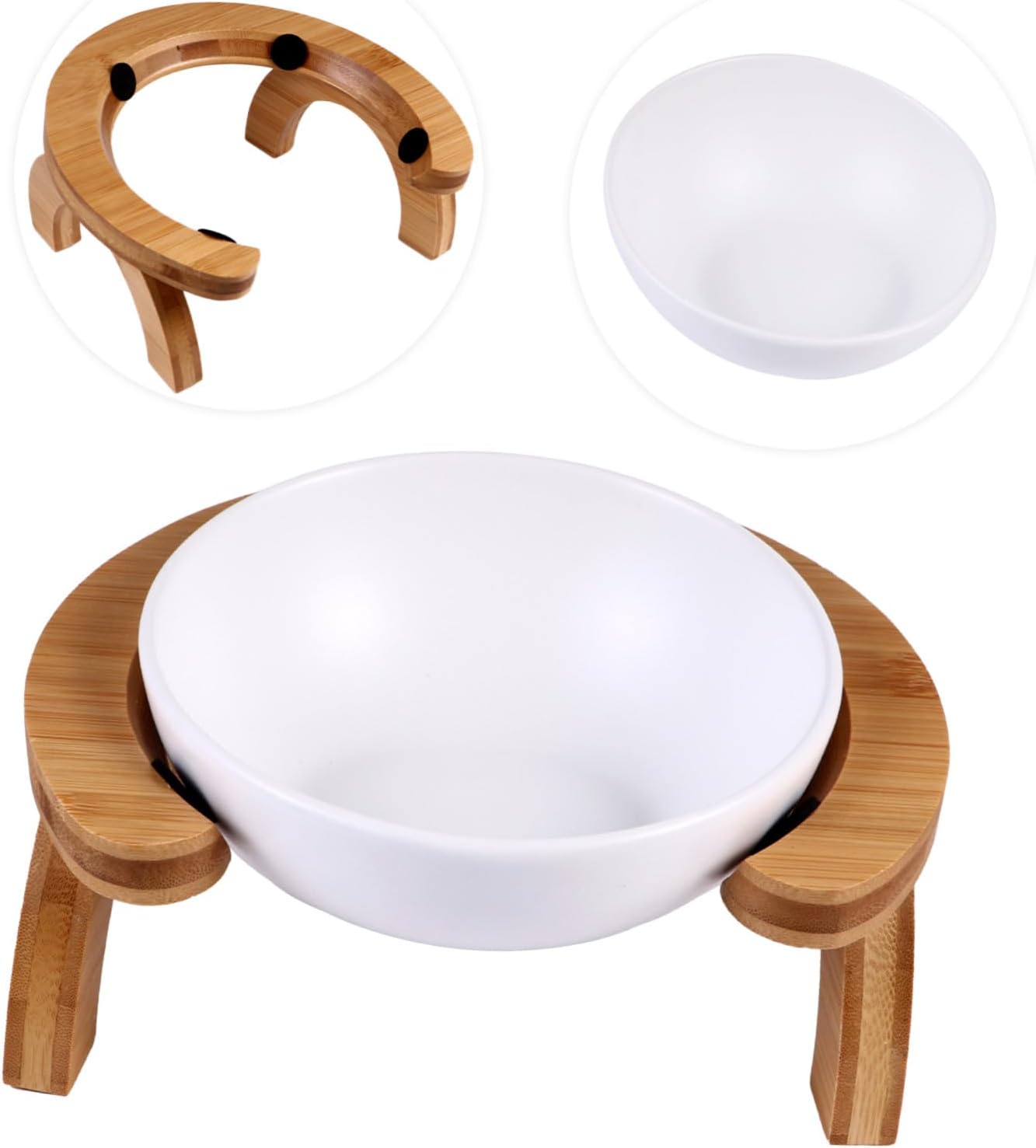 Raised Pet Feeding Bowl with Tilted White Cat Bowl and Sturdy Wooden Anti-Skid Stand Easy to Clean Elevated Feeder for Cats and Pets to Reduce Neck Strain and Prevent Food Spills