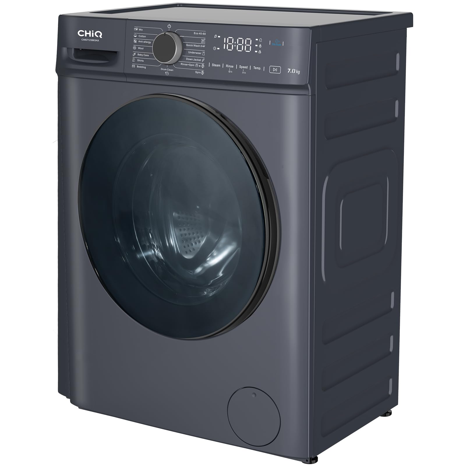 CHiQ CW07123863AX Lavatrice Slim- 7KG, Classe A, Motore BLDC 1200 RPM, Vapore e Lavaggio rapido, 15 Programmi, Design compatto (60x46,5x85cm) - Grigio moderno