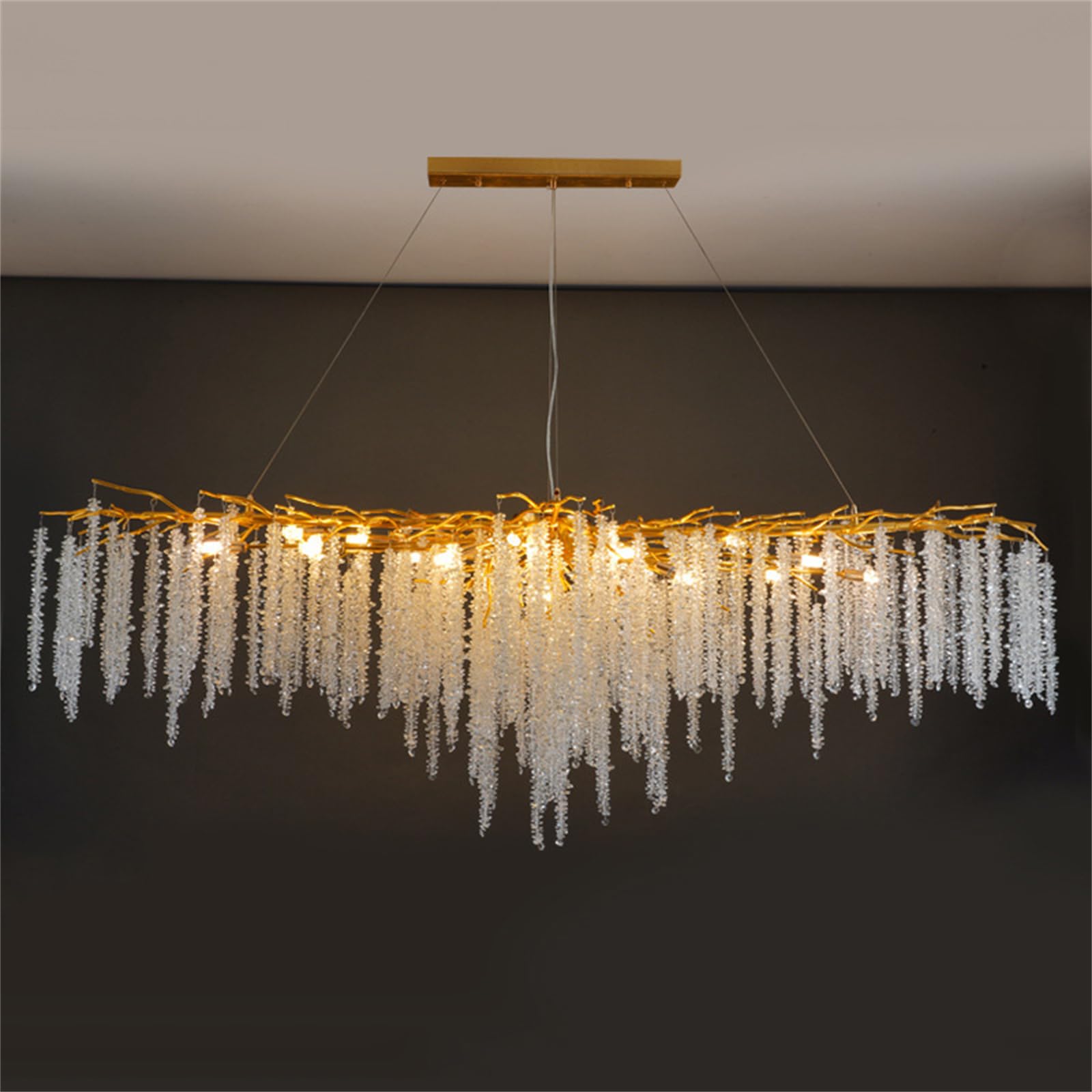 Rectangle Large Luxury Chandelier Light Fixtures, L120cm Modern Gold Tree Branch Chandeliers Linear Crystal Chandelier for Dining Room, Island, Living Room, Foyer