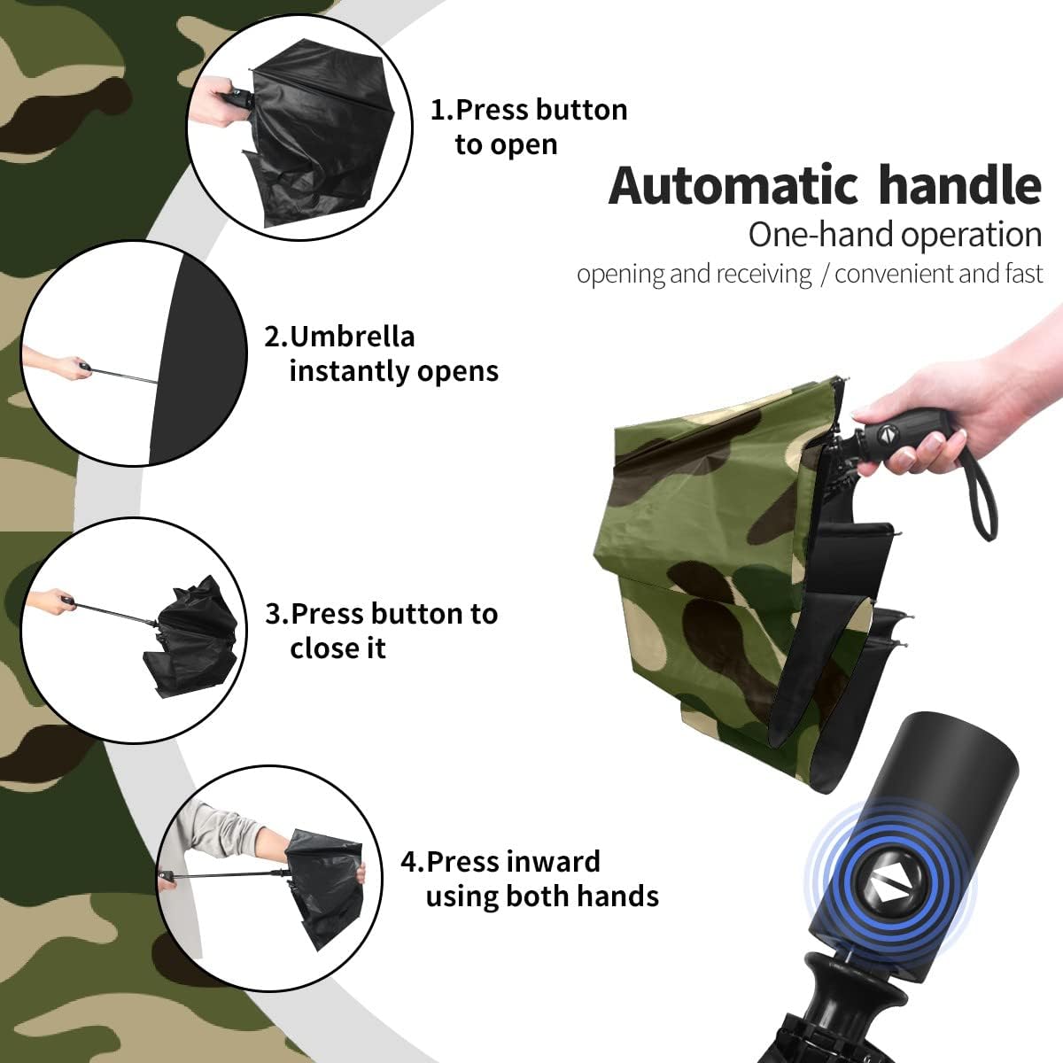 Compact Travel Umbrella Army Green Camouflage Small Folding Sun & Rain Umbrellas Windproof Mini Auto Open & Close Portable Umbrella Parasol for Women Men