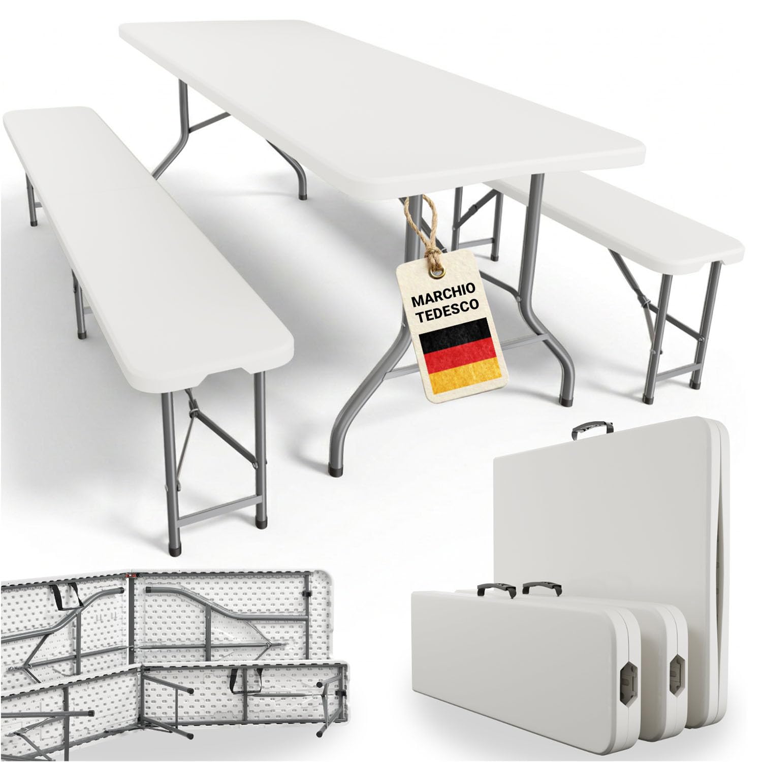 Juskys Set Tavolo e Panche da Birreria Bayreuth 3 pezzi & pieghevole - 180 x 70 x 74 cm - 2 panche & tavolo da birra - Set arredo da giardino, set per tendone da festa, set da campeggio
