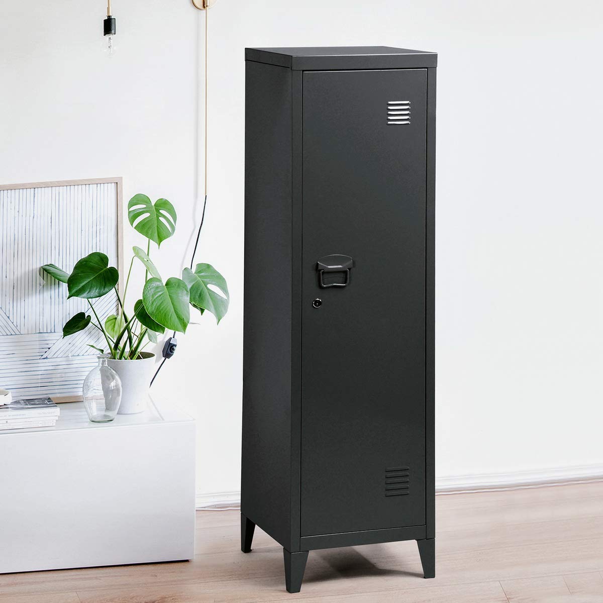 FurnitureR Raccoglitore stile industriale armadio portaoggetti con chiave, armadio chiudibile, mobili da ufficio, 38,2 x 38,2 x 137,3 cm, nero