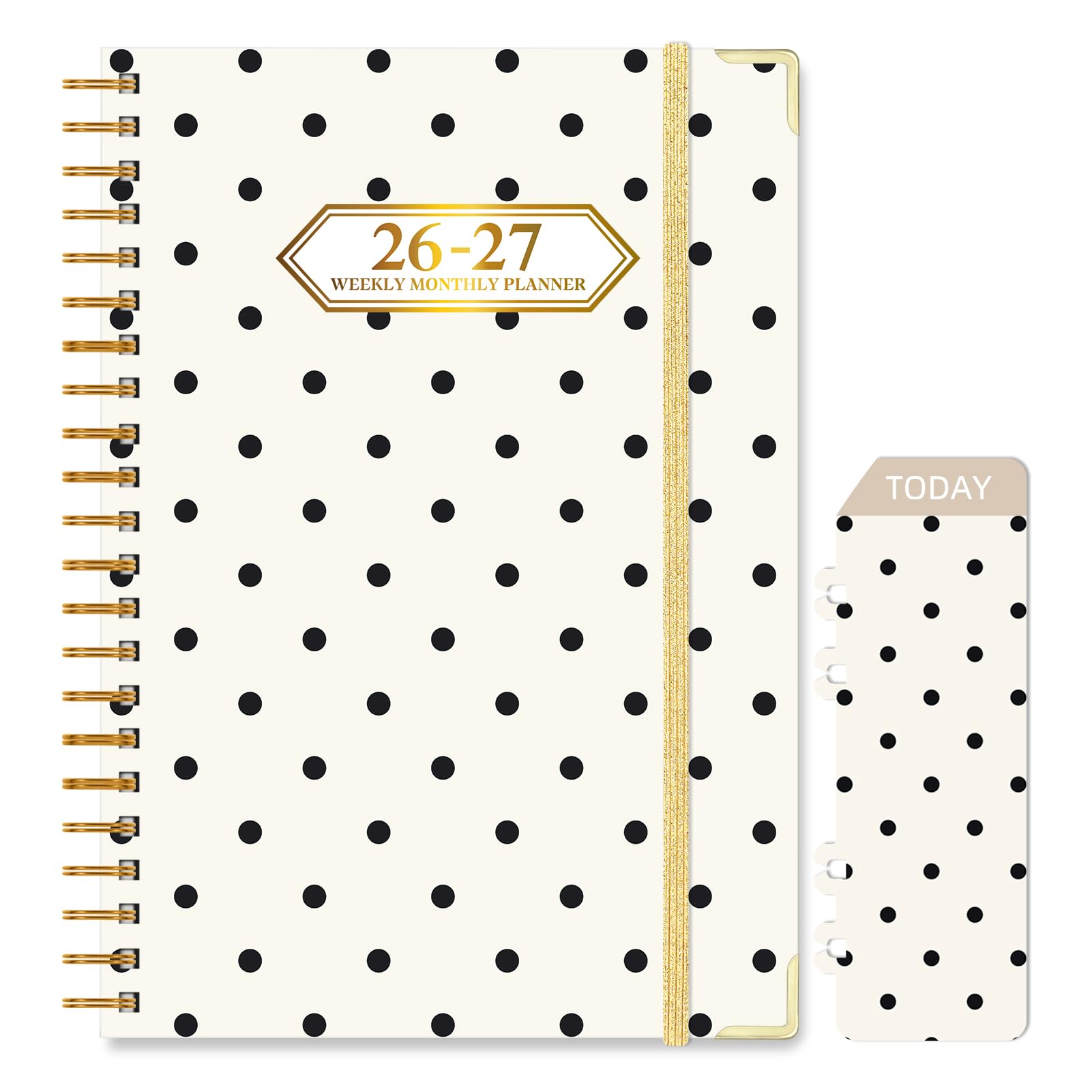 Knagsfa 2026-2027 Planner, Jul.2026-Jun.2027 Planner Weekly and Monthly 6.25"x8.5" with Page Tabs, Calendar Hardcover with Inner Pocket, Elastic Band, Twin-Wire Binding, Bookmark, Beige Polka Dots