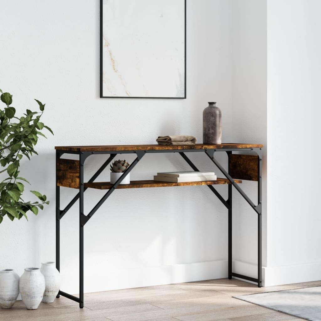 SXZenSpace OWOX Console Table 105x30x75cm Smoked Oak & Black Metal, Lower Shelf, Adjustable Feet, Narrow Hallway/Sofa Side