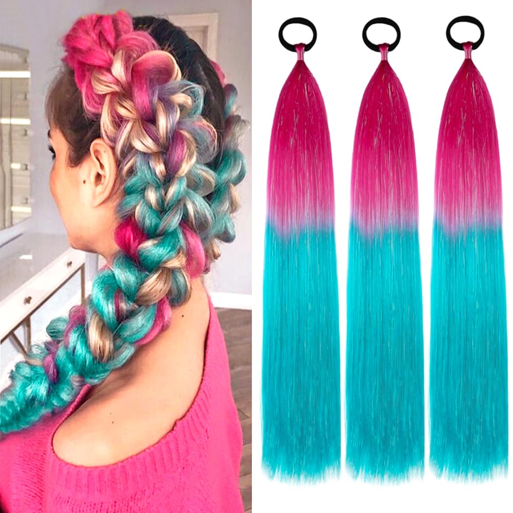PORSMEER 3 Packs Ponytail Extension 24 inch Red to Cyan Colored Hair Extensions Tinsel Mixed for for Girl Women Braiding Ombre Pony Tail Glitter Hair with Tie Rave Crazy Hair Day
