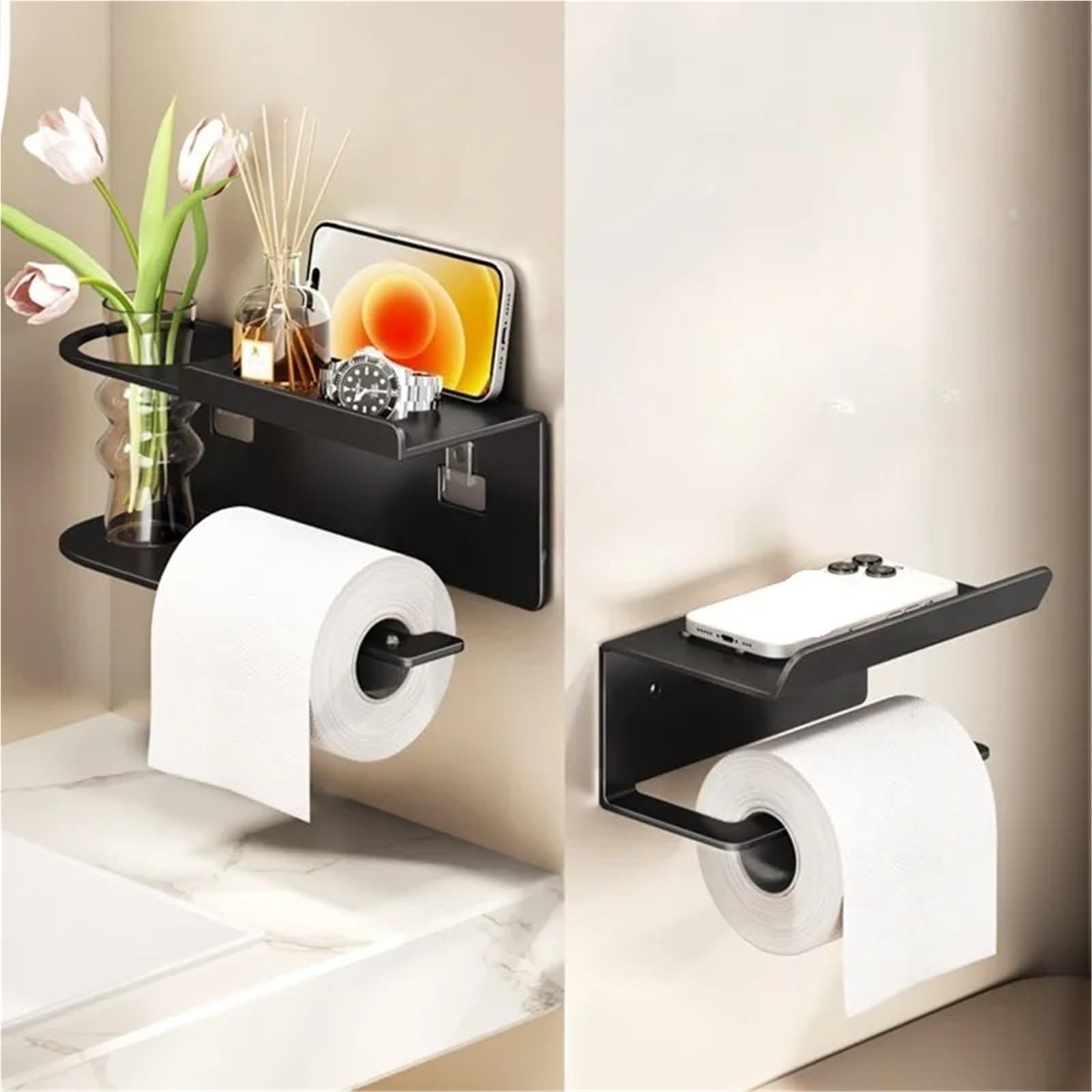 Portarotolo WC adesivo con mensola Porta carta igienica a parete | Con dispenser for rotoli e ripiano portaoggetti: organizer salvaspazio for il bagno di casa(Grey-B)