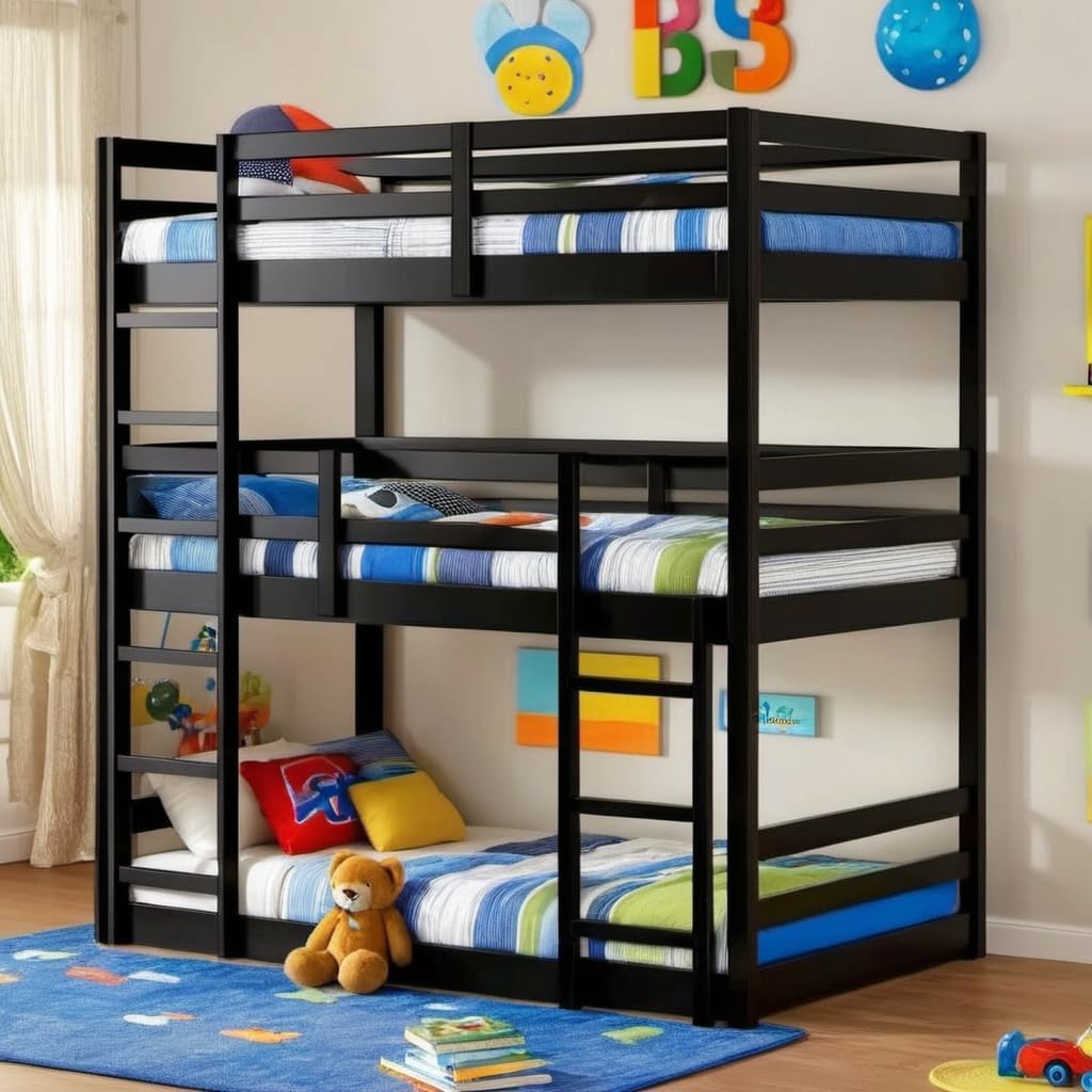 Triple Bunk Bed with Ladders and Guardrails for Boy,Girl Bedroom,Space Saving Bed Frame,Detachable Design,Twin Over Twin Over Twin Rubber Wood Bedstead,Grey