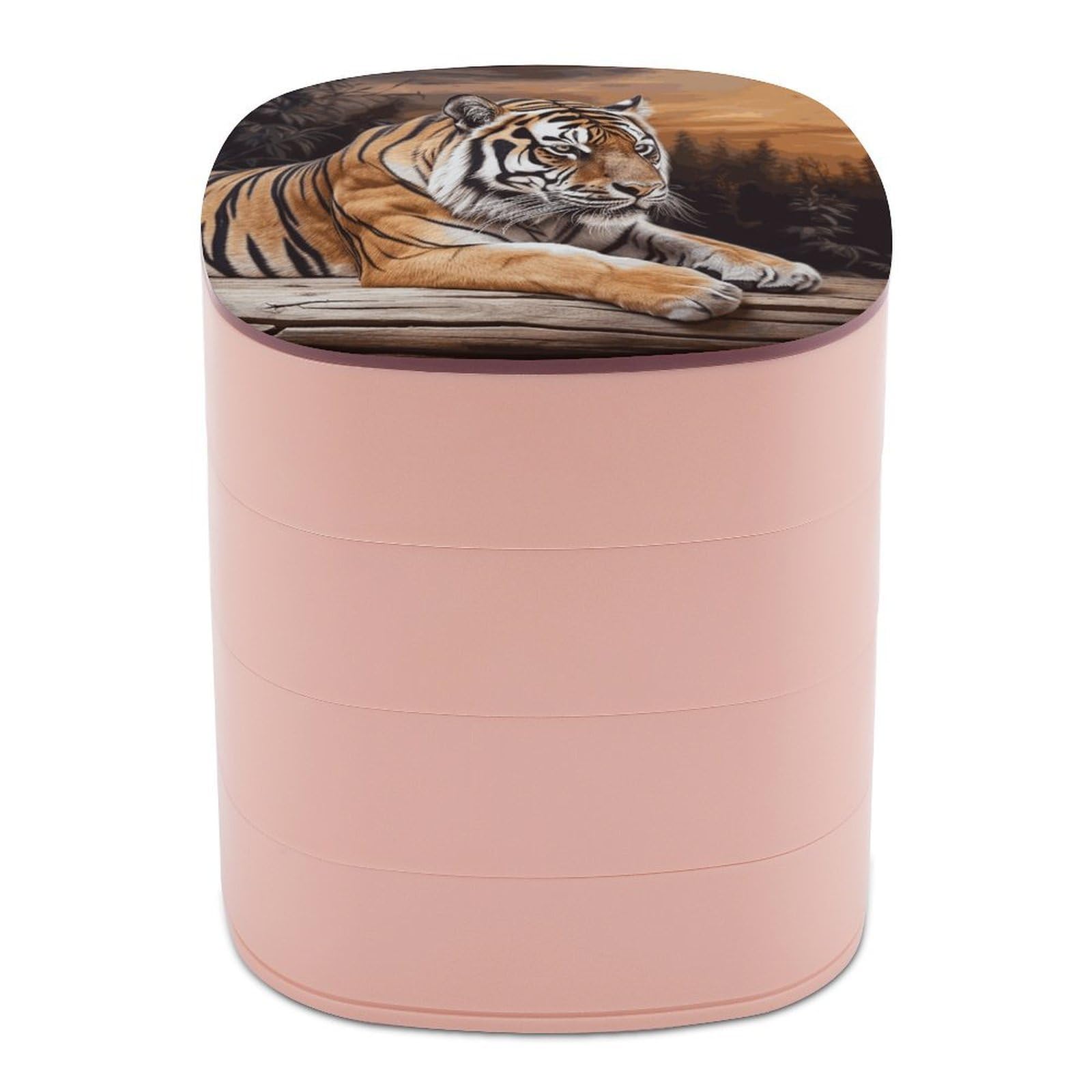 JTREHY Tiger Lying on Wood Jewelry Box 4-Layer Covered Rotating Jewelry Storage Box Large Capacity Storage Boxes Portable Jewelry Case for Bracelets Earrings Necklace