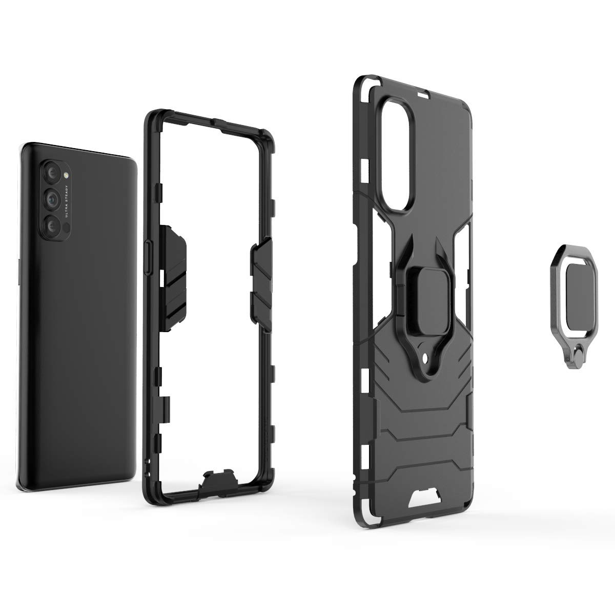 MRSTER Funda OPPO Reno4 Pro 5G, Armor Funda con 360 Anillo Soporte, Anti-Arañazos con Absorción de Choque Resistente Carcasa Protectora para OPPO Reno4 Pro 5G. HB Black — view 3