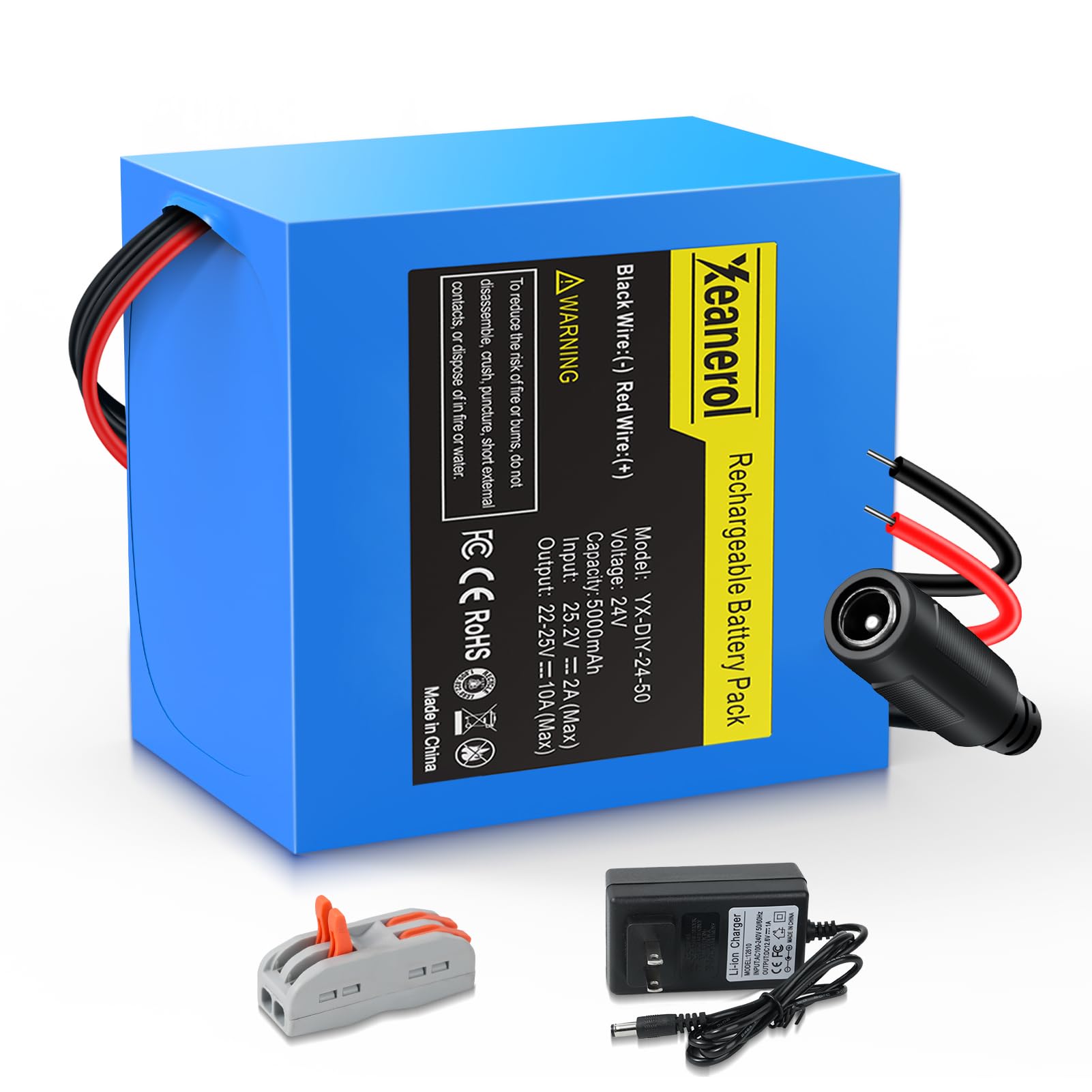24V 5Ah Lithium Battery with 2A Fast Charger, Bare Leads Wire, Cable Connector, Rechargeable Li-ion Battery for 24 Volt DIY Project RC Car LED Light Strip CCTV Camera