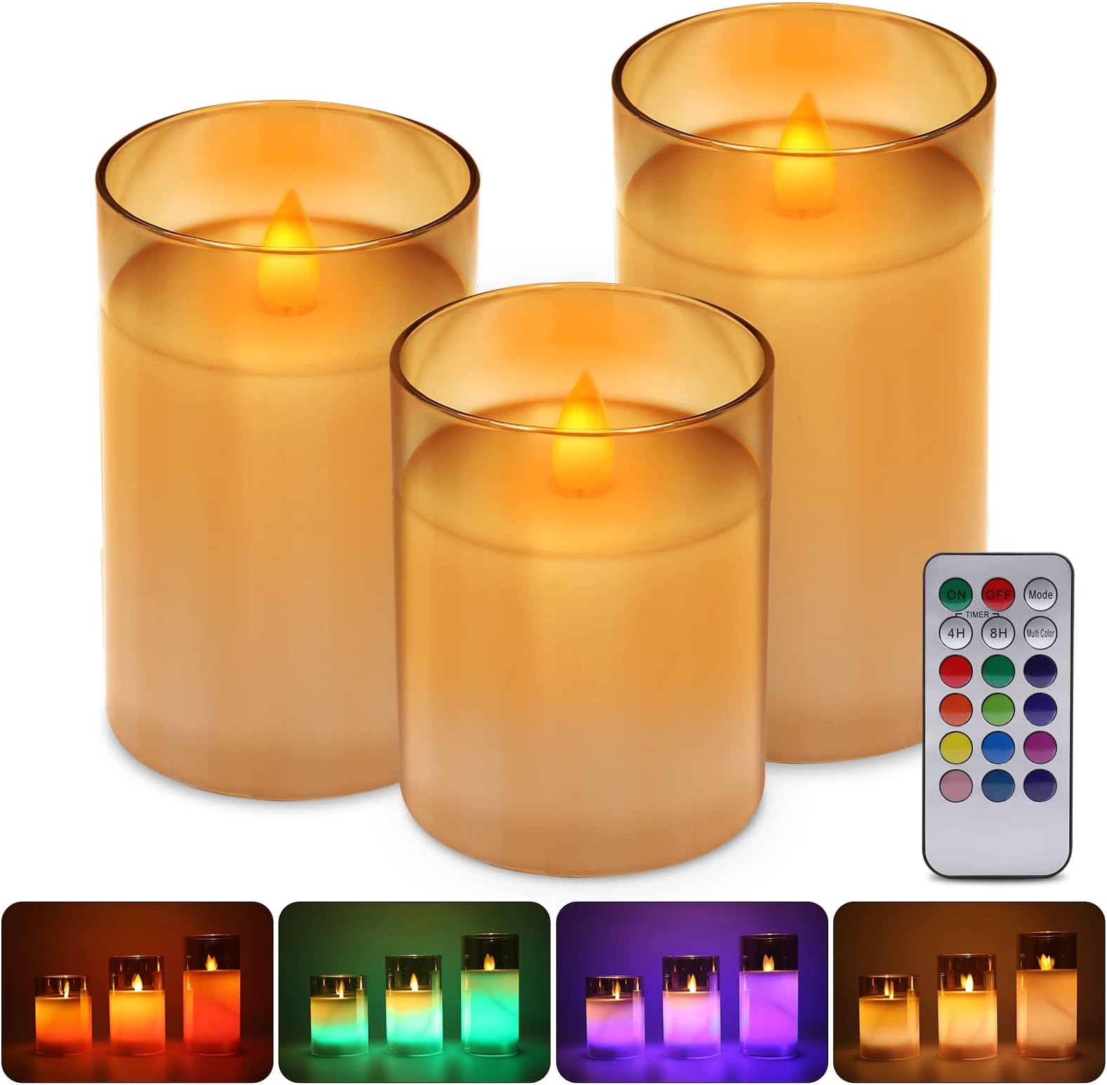 3 Size LED Votive Candles,LUXONIC Amber Glass Cup Flameless Candle Lights Kit,2AA Battery Charging 12 Light Color+Timer with 18-Key Remote,Pillar Tealights for Table,Hotel,Wedding,Church,Home Decor