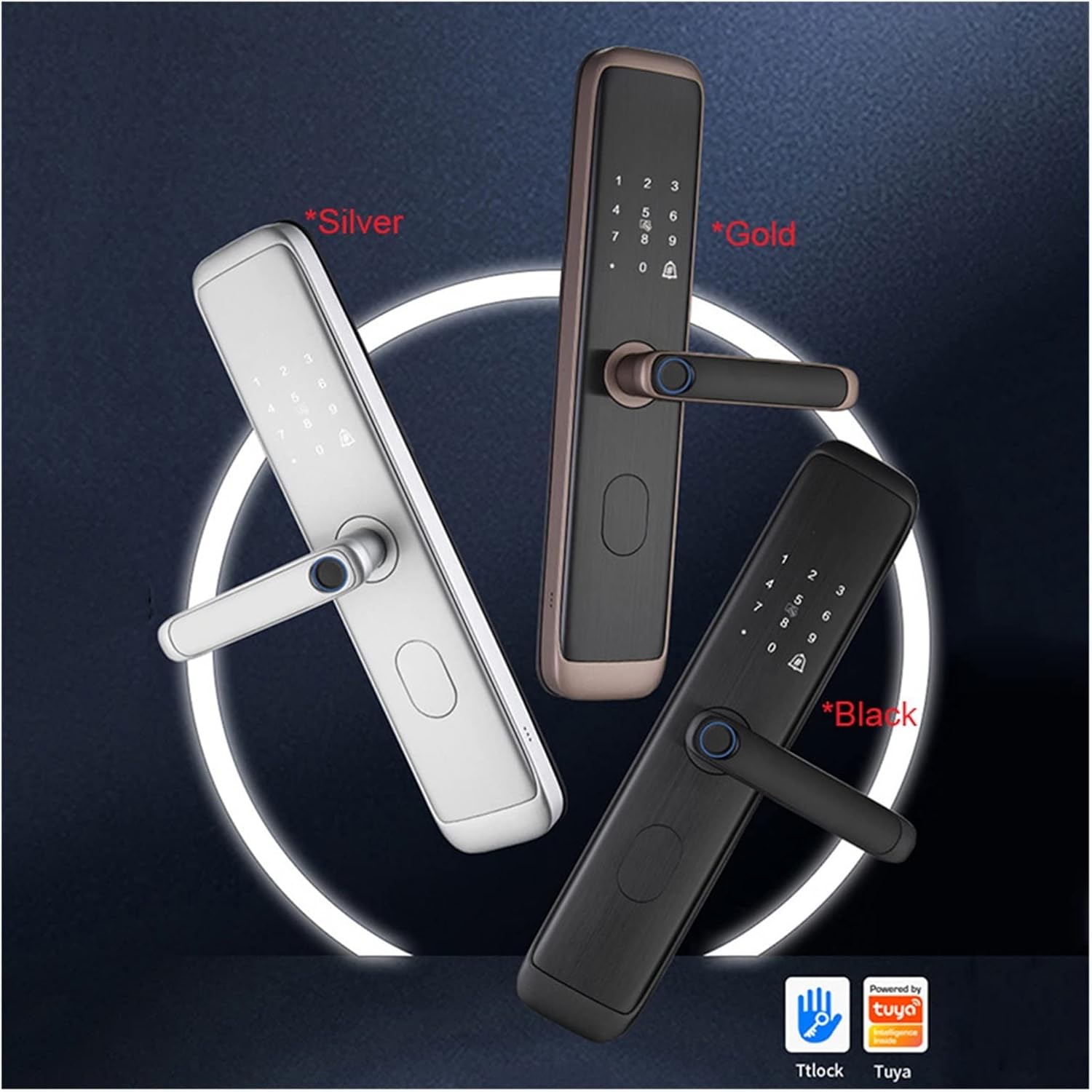 Three Tuya Smart Locks in silver, gold, and black finishes
