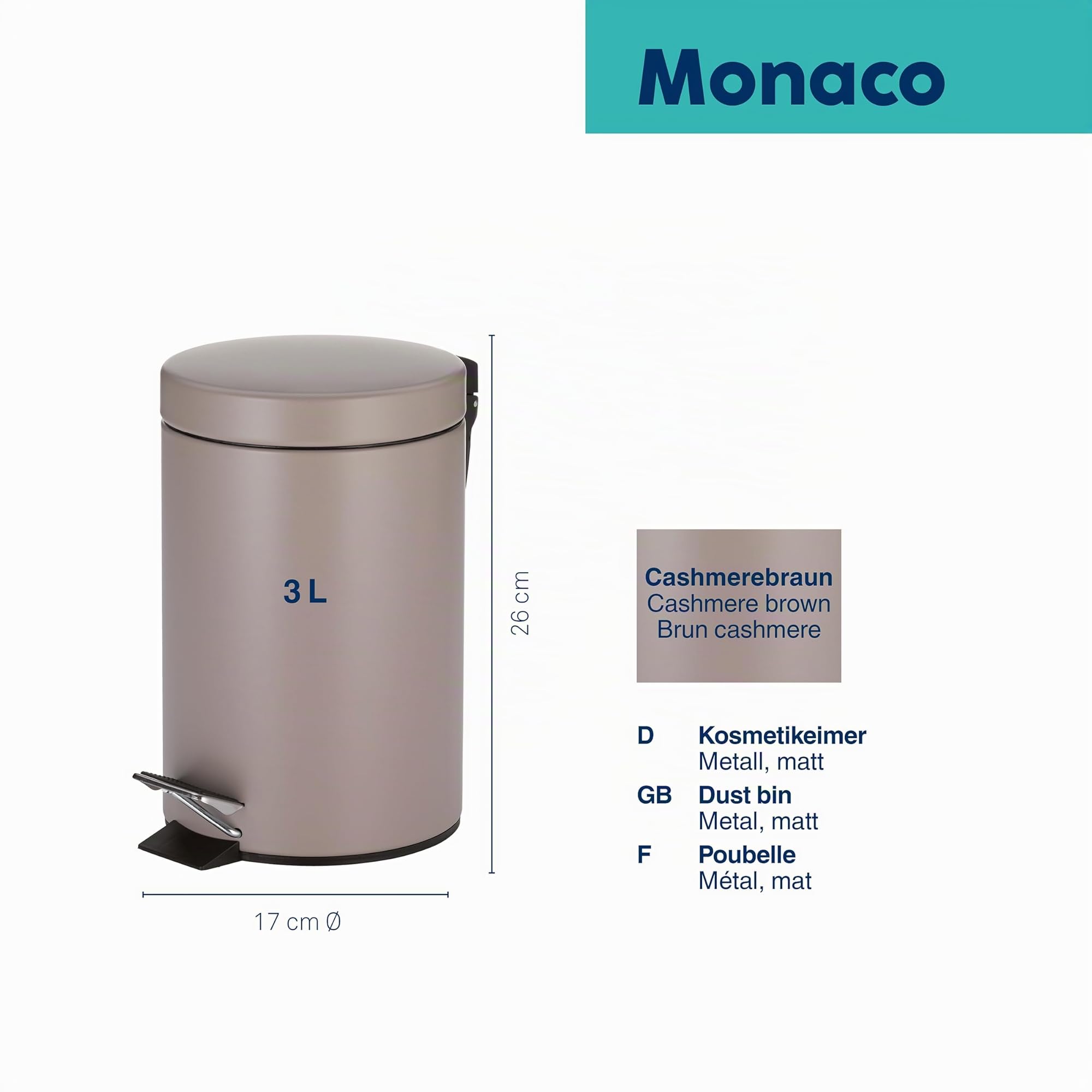 kela Secchio per cosmetici marrone 3 l, pattumiera a pedale in metallo MONACO marrone cashmere opaco