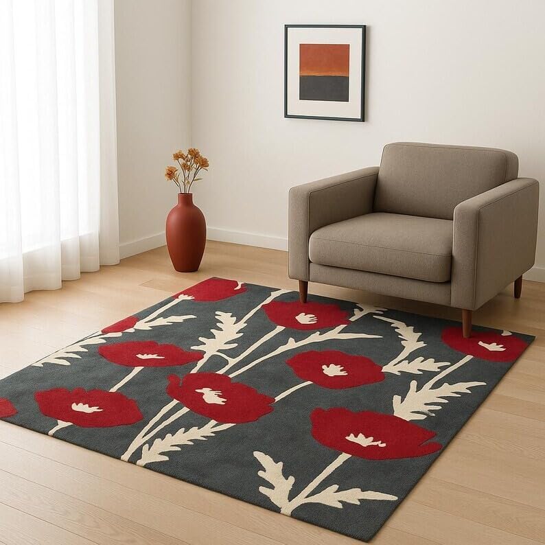 Hand Tufted New Zealand Wool Area Rug, Multicolor Poppy Bloom Floral Design, Handmade Medium Pile Carpet for Living Room & Bedroom, Rectangular, Premium Interior Decor