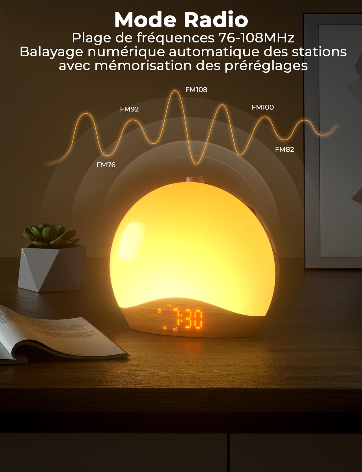 LIORQUE Radio Réveil Lumineux avec Eveil Lumière, Reveil Simulateur d'Aube sur Lampe de Chevet LED, Fonction Bluetooth, 20 Niveaux de Luminosité, 22 Sons, 2 Alarmes, Mode Week-End