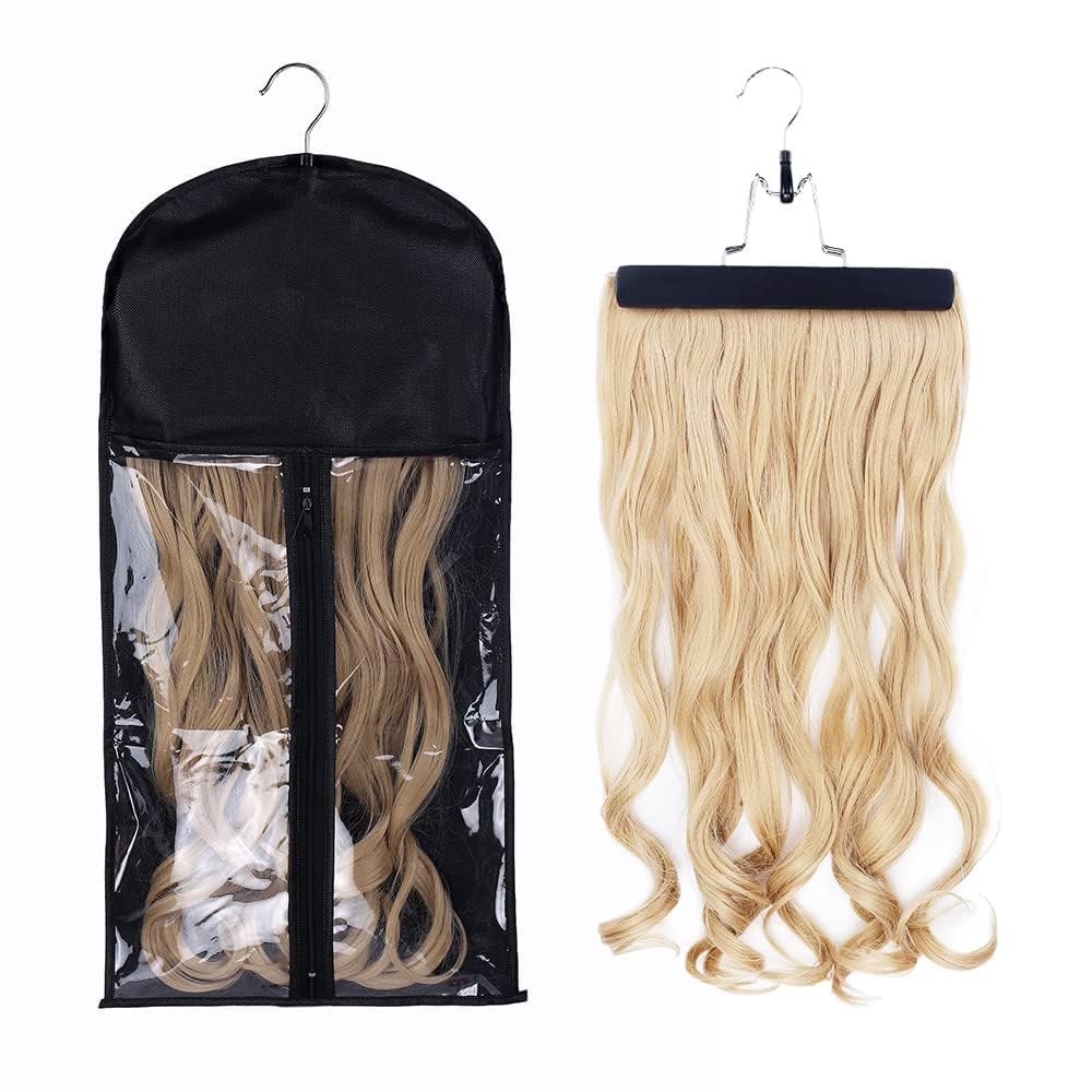 BlissCart Hair Extensions Hanger with Storage Bag, Wooden Hairpieces Storage Holder, Zip Up Closure, Portable Dustproof Hair Extension Holder Stand Hanging Protector Pouch-image-47