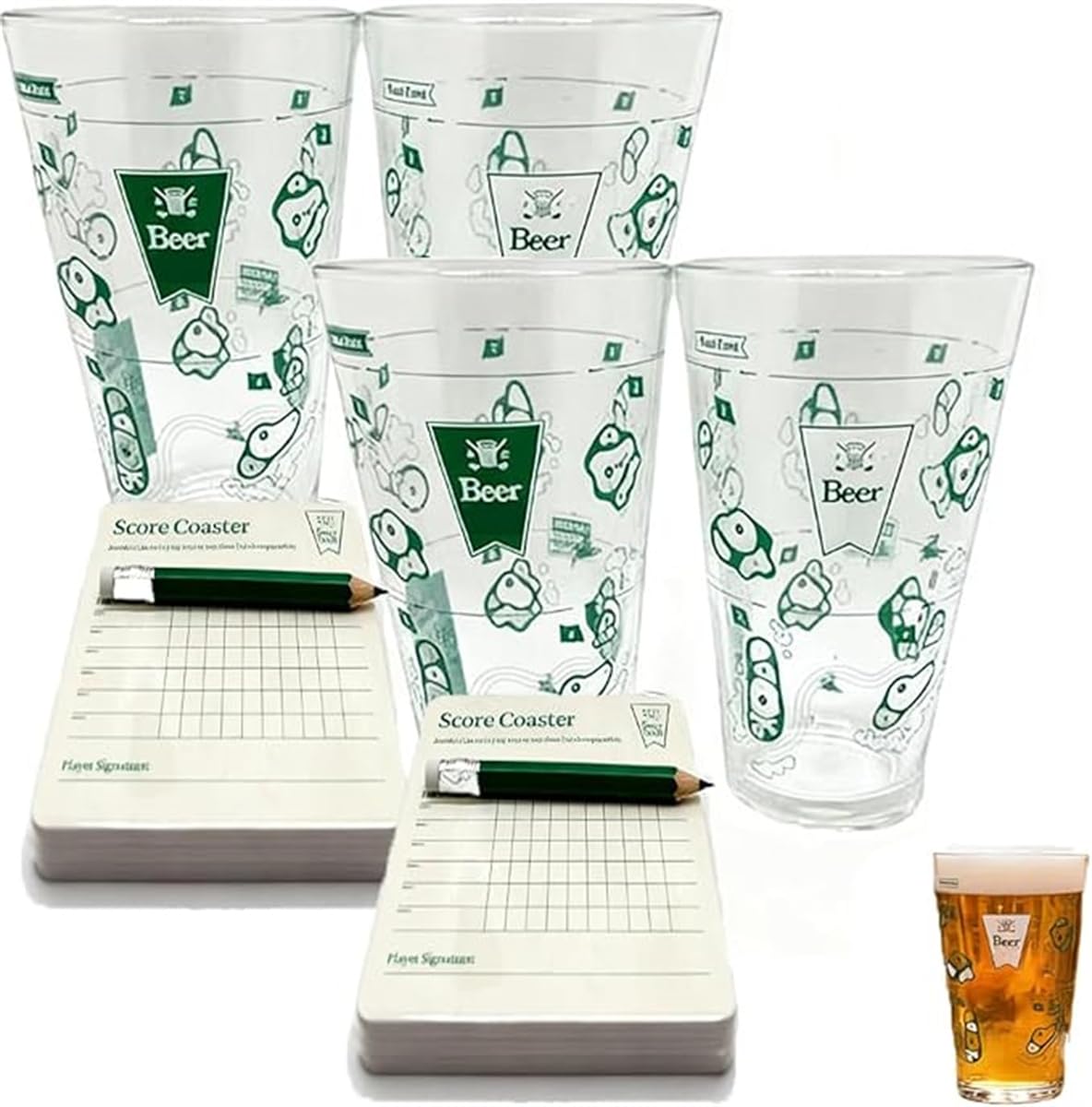 Xebular The 9 Hole Golf Course on a Beer Glass – Scorecard Coasters & Pencil, Funny Drinking Game Set with 2 Pint Glasses, Party Beer Cup Games, Suitable for Golf Loves and Drink Enthusiasts (2 Pcs)