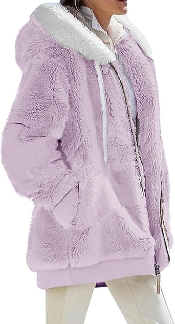 Fuzzy Fleece Jackets for Women Plus Size Hoodies Fall Winter Coats Color Block Patchwork Cardigan Coat with Pockets