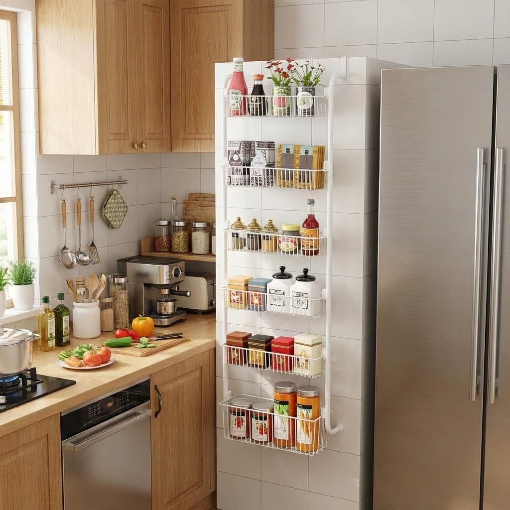 Garvee over the Door Pantry Organizer Rack, 6-Tier Heavy Duty Metal Pantry Door Organizers, Hanging Spice Rack Seasoning Shelves, Multi-Scene over the Door Storage for Kitchen Laundry Room