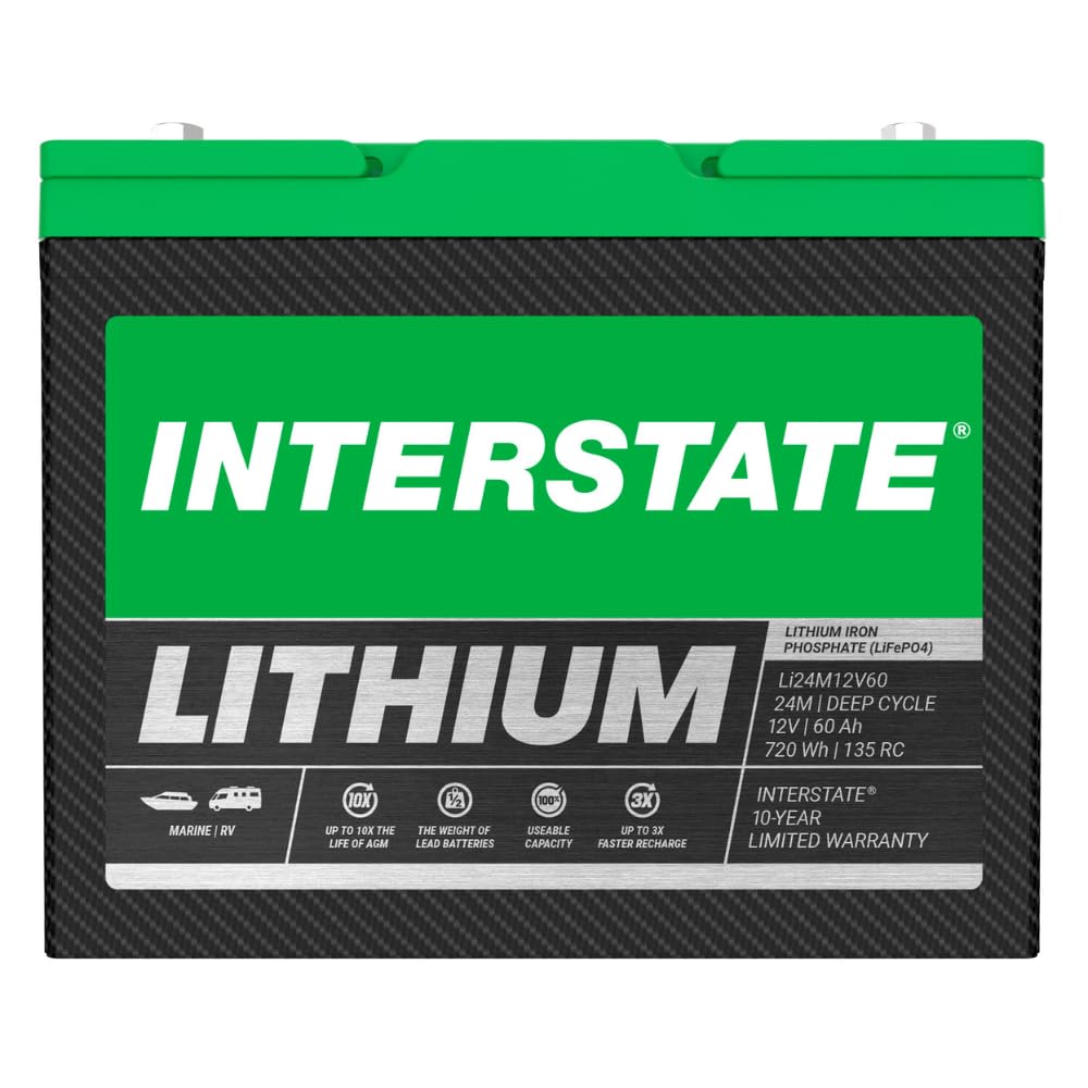 Interstate Batteries 12V 60Ah LiFePO4 Marine Battery, Group 24M, Deep Cycle