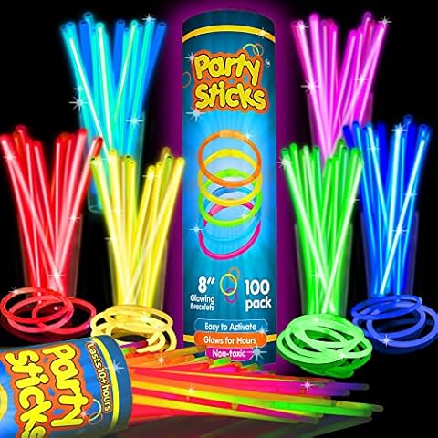 PartySticks 100 Ultra Bright Glow Sticks Bracelets and Necklaces - Premium Glow in the Dark Party Supplies and Decorations - Bulk 8" Glowsticks Party Favors Pack Cover