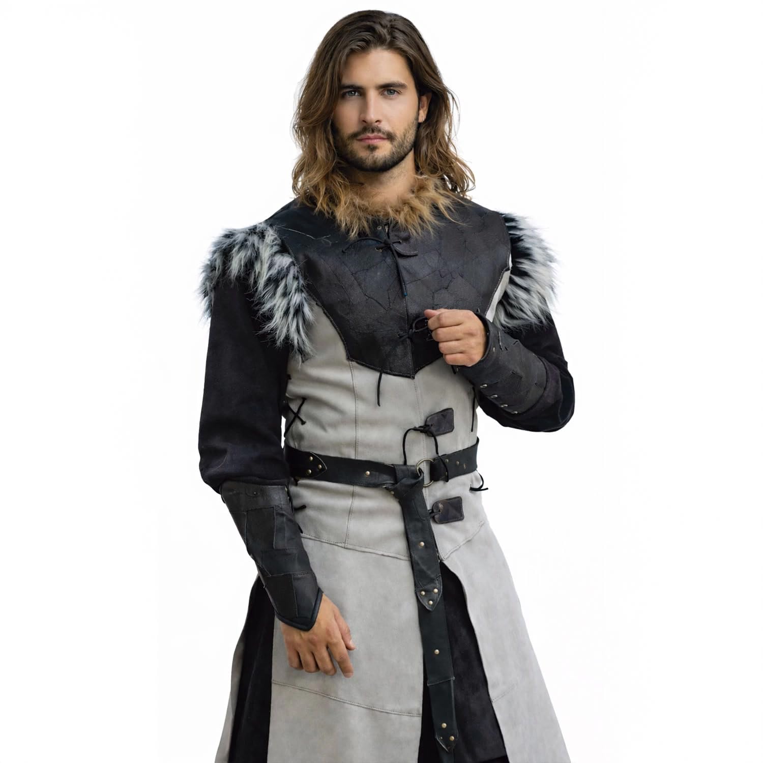 RAWBLADE Owl Leather Jerkin, Medieval Grey Leather Vest for Men, Fantasy Warrior Armor with Fur Shoulders for LARP, Cosplay, Reenactment & Ren Faire