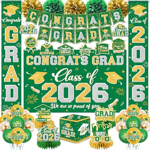 Image of Graduation Decorations Class of 2026 Green and Gold Graduation Decorations with Congrats Grad Banner,Backdrop,Porch Sign,Balloons,Hanging Swirls,Honeycomb Centerpieces,Box for Graduation Party Decor