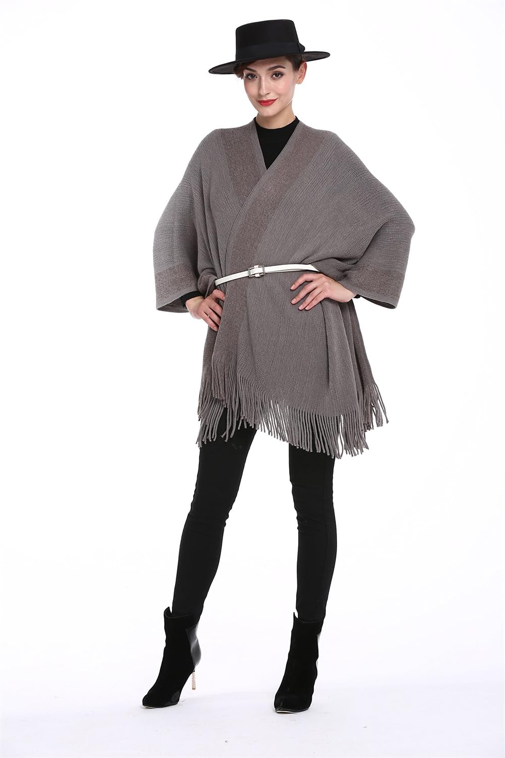 Chal de punto con ribete dorado para mujer, con borlas, capa frontal abierta, capa de abrigo
