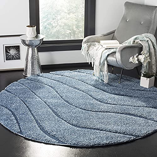 Image of Textured Wave Square Shaggy Carpet for Living Room, Bedroom, High Low Design Finish Microfiber 1.8 Inch Pile High, 8x8 Feet Sky Blue|Blue Color
