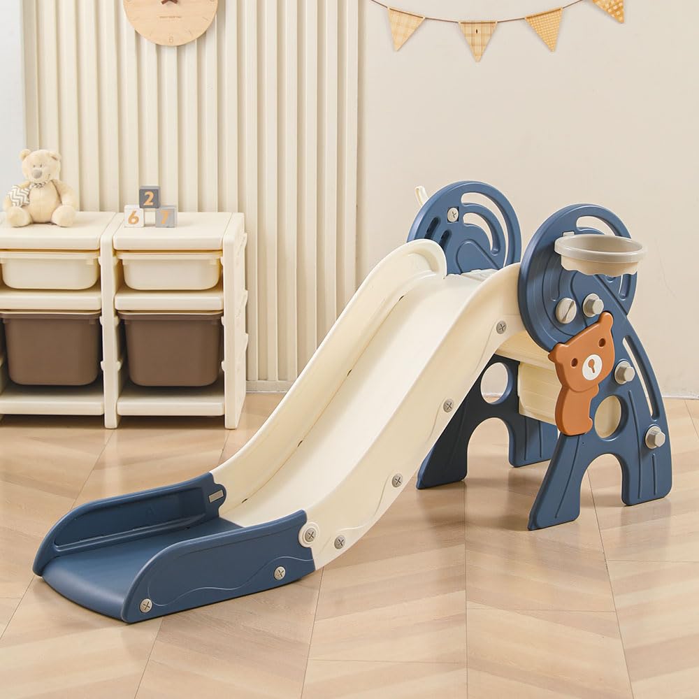 4 in 1 Toddler Slide,Freestanding Kid Slides,Baby Plastic Foldable Slides with Basketball Hoop and Ball,Indoor and Outdoor Toddler Playground Slide (