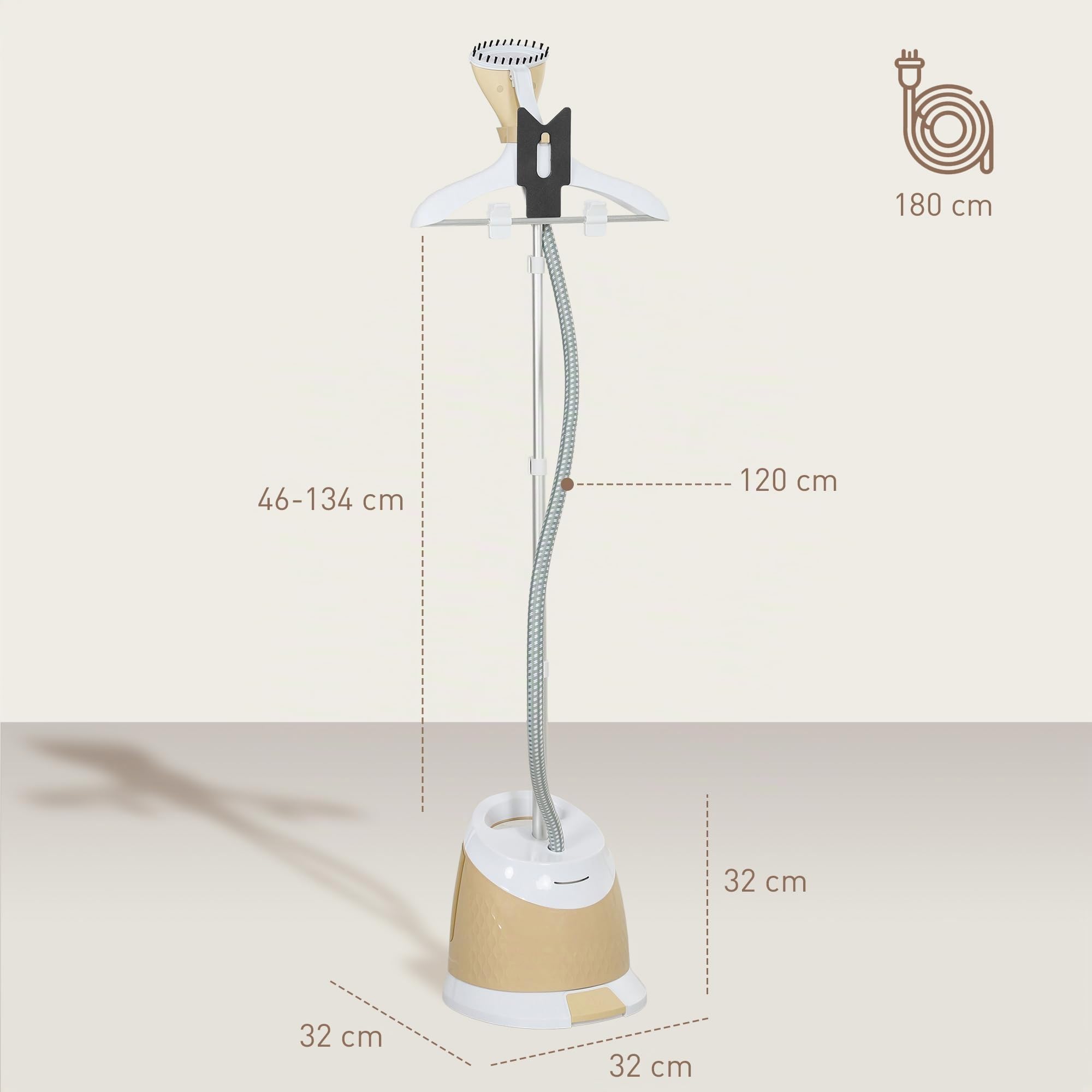 HOMCOM Ferro da Stiro Verticale a Vapore 1800W con Serbatoio 1.8L Oro | Stiratrice Stirella Verticale, Piastra Alluminio, Regolabile, Asta Telescopica, Accessori Abiti Tende Divani