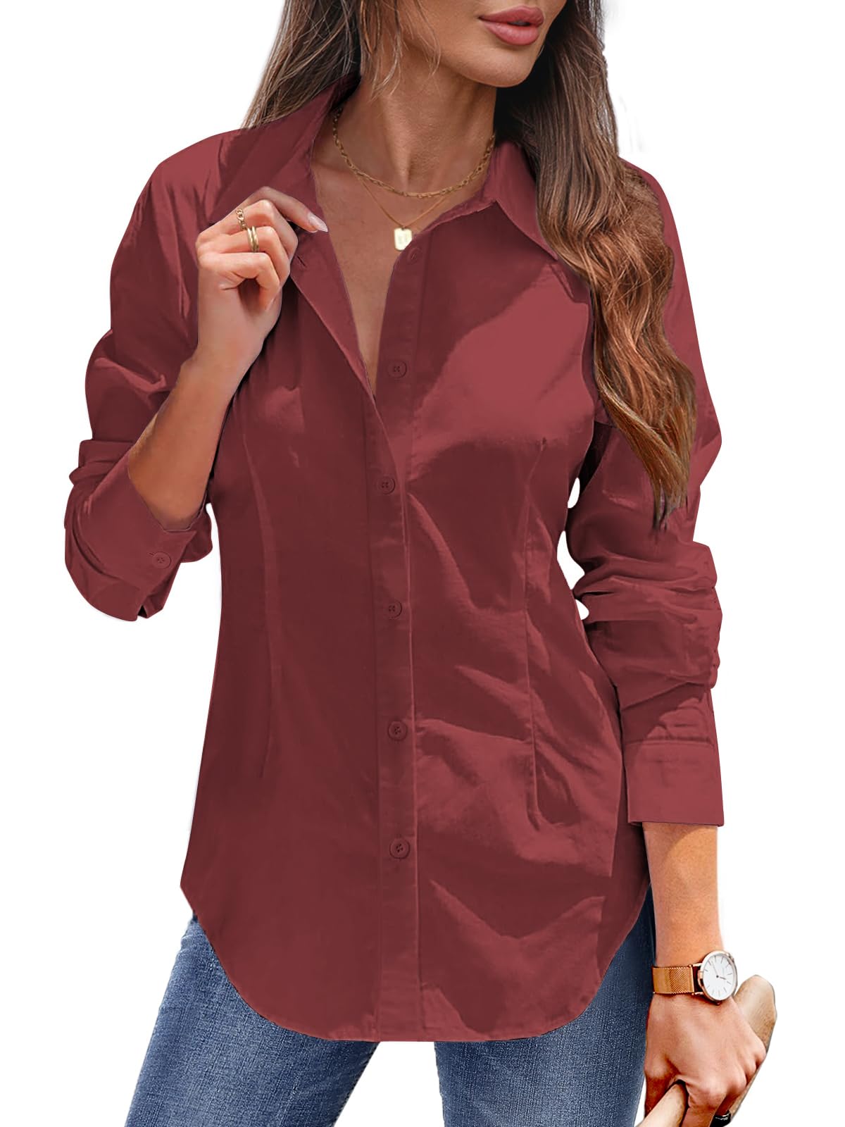 Tanmolo Damen Bluse Sommer Hemdbluse Baumwolle Hemd mit Abnähern Reverskragen Business Blusen mit Knopfleiste Elegante V-Ausschnitt Blusenshirt Tops