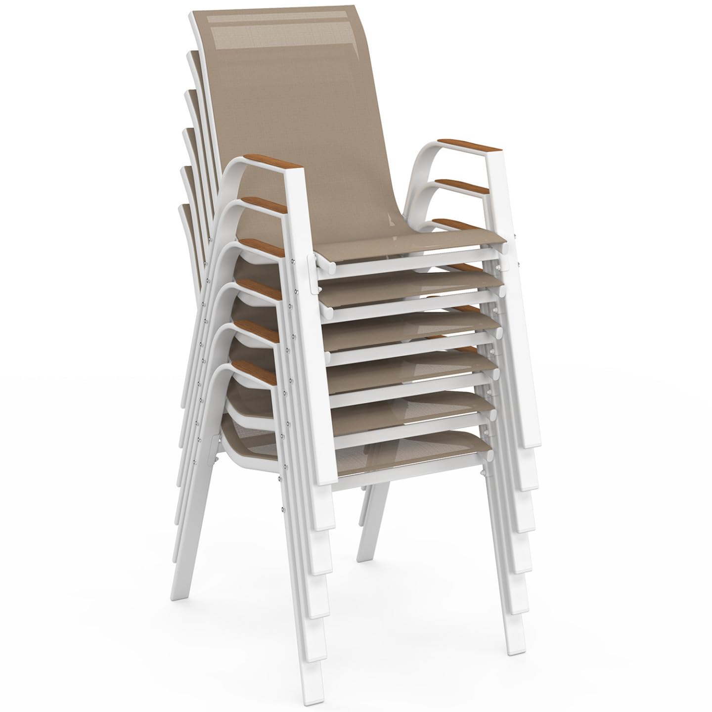 IDMarket - Juego de 6 sillas de jardín apilables NOUMEA de metal y textileno en blanco y madera