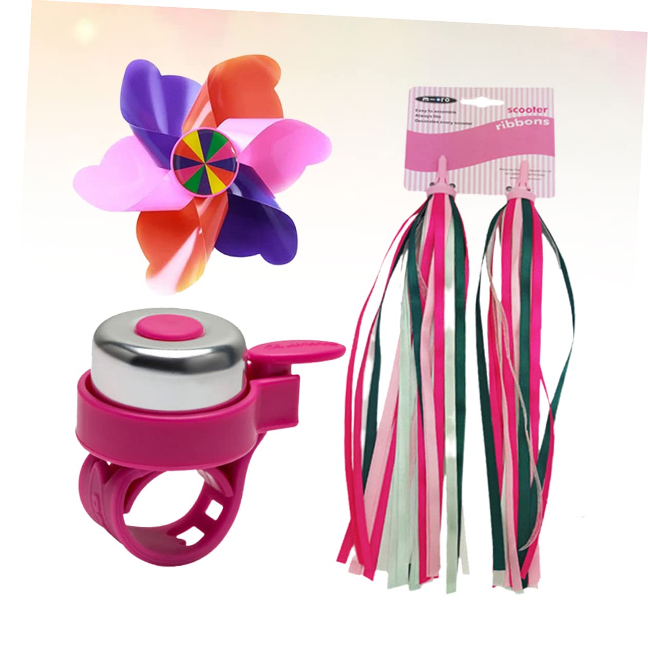 Abaodam 3Pcs Pink Bike Accessories Set Creative Handlebar Streamers Bell and Windmill for Bicycles Scooters Tassels for Fun Riding Experience