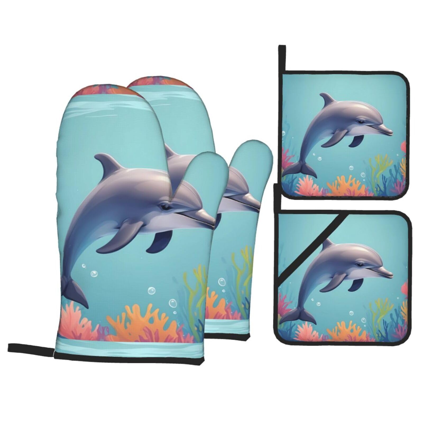 HJFCZH Cute Sea Animal Dolphin Picture Kitchen Baking Set of 4 Thick Insulated Oven Mitt & Pot Holders, Anti-Scalding for Microwave, Oven, Outdoor BBQ