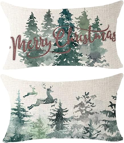 NIDITW Juego de 2 fundas de cojín lumbares de lino y algodón para regalo de invierno, diseño de pinos, ciervos, acuarela, bosque, decoración para